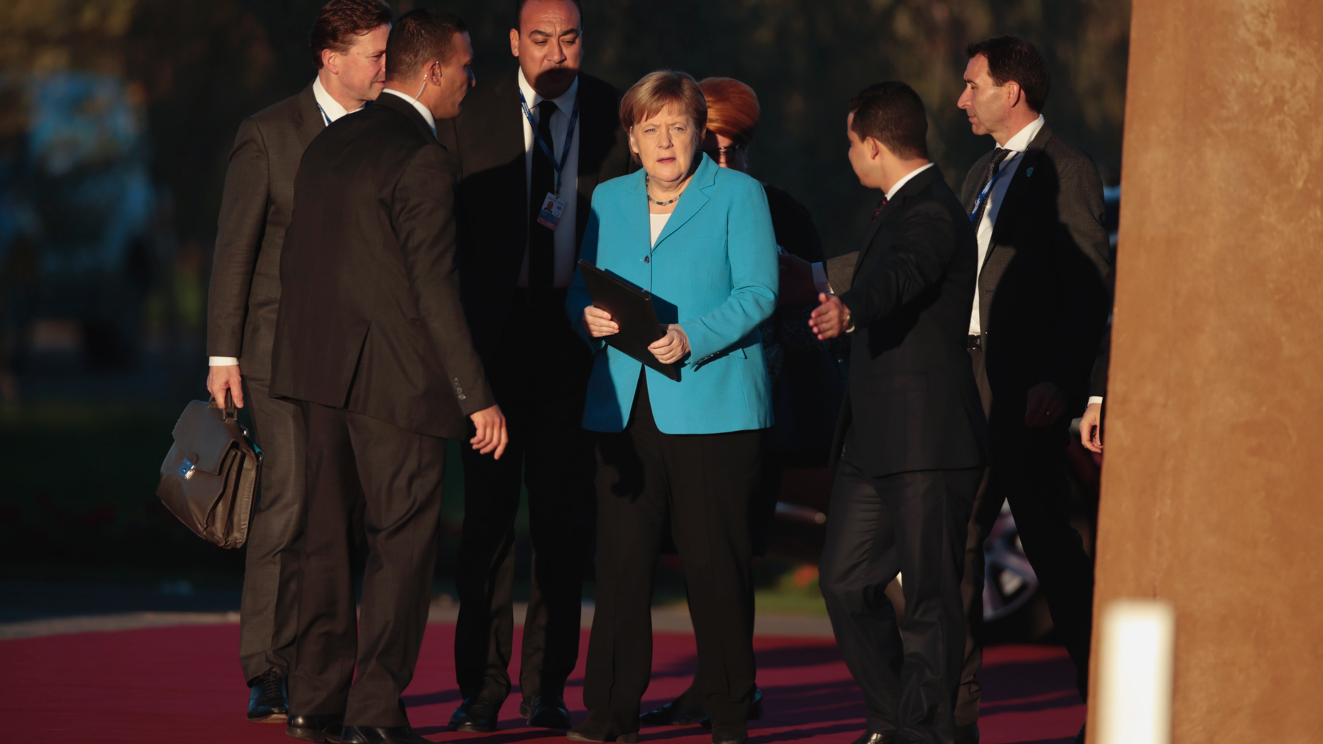 German Chancellor Angela Merkel arrives to attend a UN Migration Conference in Marrakech, Morocco, Monday, Dec.10, 2018. Top U.N. officials and government leaders from about 150 countries are uniting around an agreement on migration, while finding themselves on the defensive about the non-binding deal amid criticism and a walkout from the United States and some other countries. (AP Photo/Mosa'ab Elshamy)
