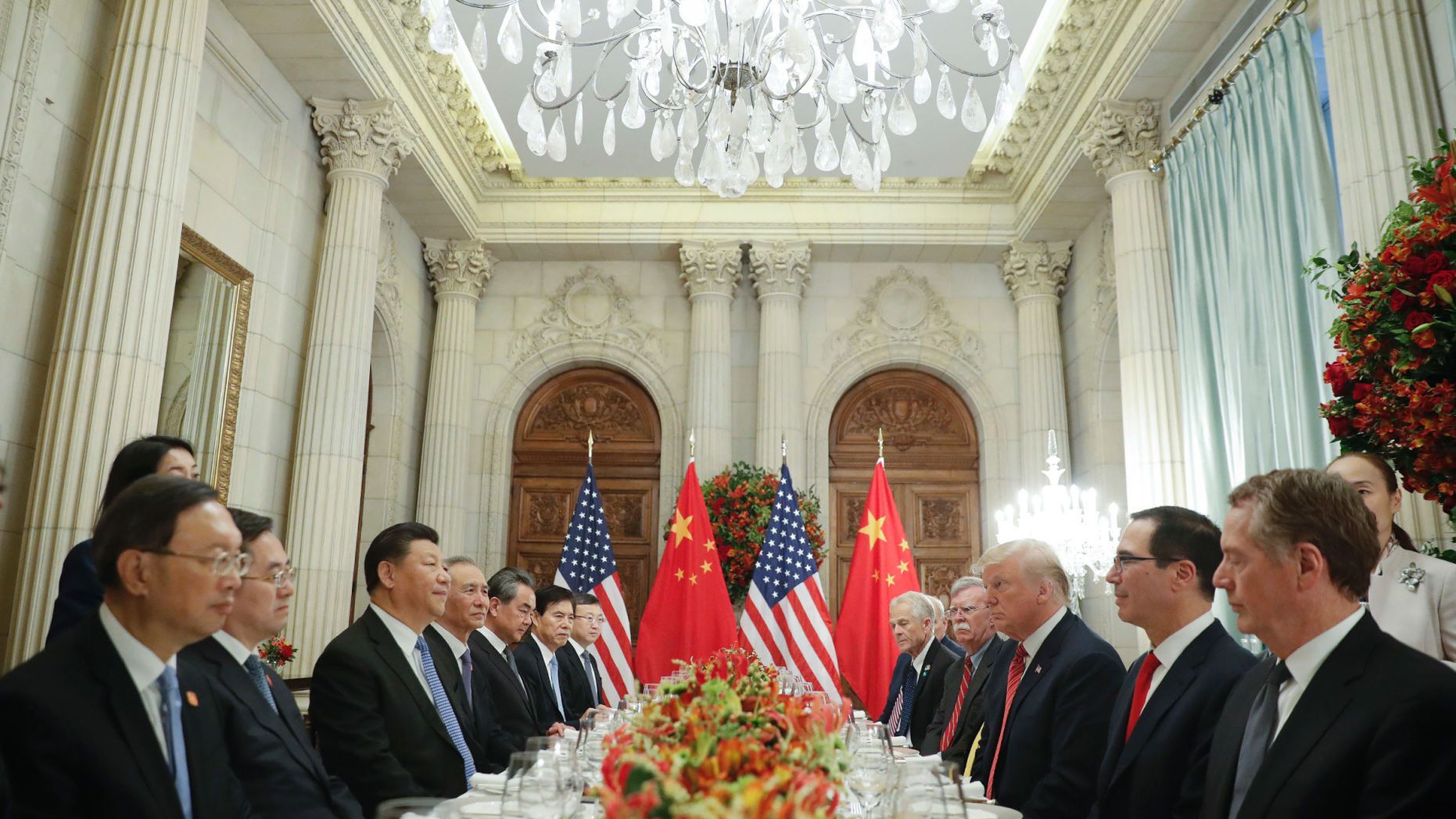 President Donald Trump, right, China's President Xi Jinping, left, and members of their delegations during their bilateral meeting at the G20 Summit, Saturday, Dec. 1, 2018 in Buenos Aires, Argentina. (AP Photo/Pablo Martinez Monsivais)