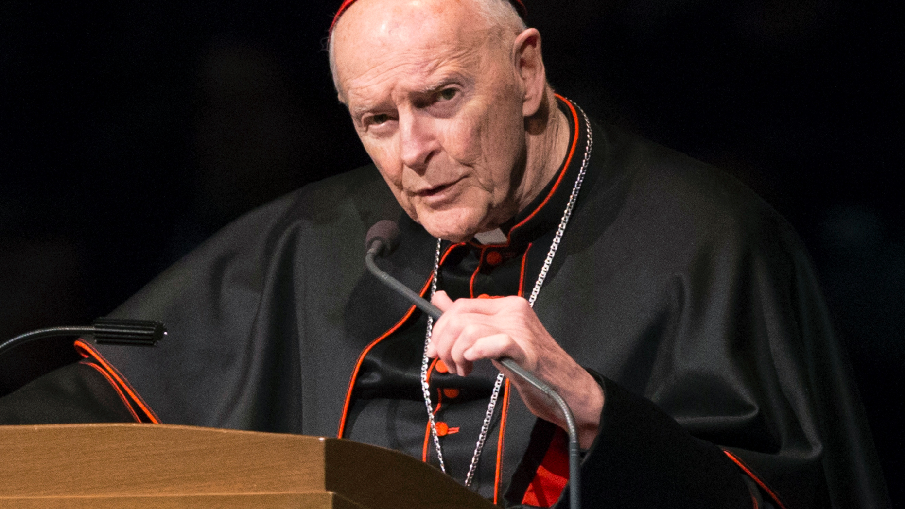 FILE - In this March 4, 2015, file photo, Cardinal Theodore McCarrick speaks during a memorial service in South Bend, Ind. The Vatican has taken testimony from a man who says the ex-Cardinal sexually abused him for years starting when he was 11, evidence that the initial case against the retired archbishop has expanded dramatically to include serious allegations of misconduct. (Robert Franklin/South Bend Tribune via AP, Pool, File)