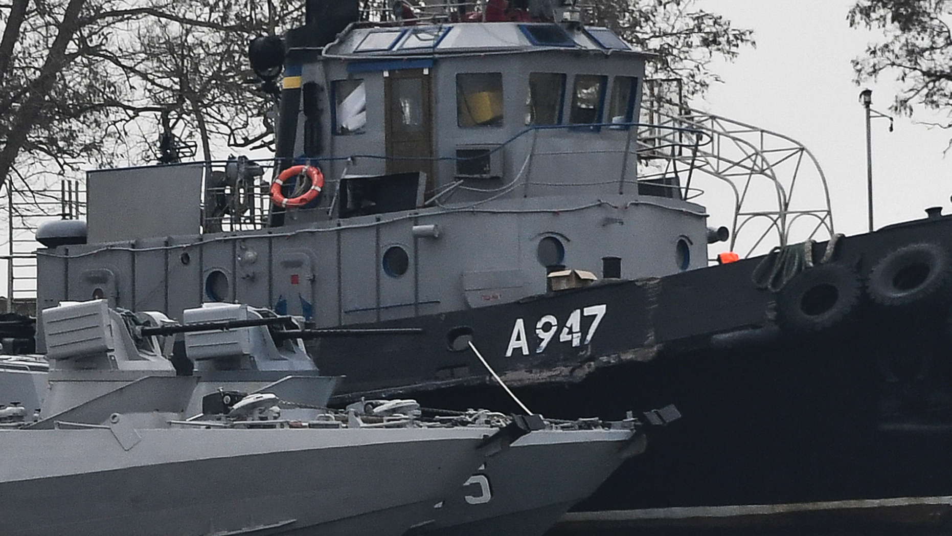 FILE - In this Nov. 25, 2018 file photo, damage can be seen to one of three Ukrainian ships seized by Russia during a naval incident near the annexed Crimean Peninsula. A top official from Ukraine has told the BBC in remarks posted on Wednesday, Dec. 19, 2018, that the country plans to again send its warships into the Sea of Azov, a move that could set the stage for another clash with Russia. (AP Photo, File)