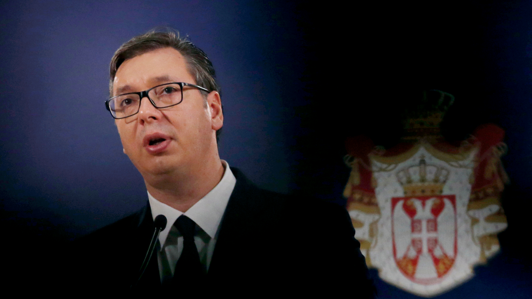 Serbian President Aleksandar Vucic speaks during a press conference in Belgrade, Serbia, Monday, Dec. 3, 2018. Vucic says French President Emmanuel Macron has postponed his visit to Serbia after France's worst urban riots in years. (AP Photo/Darko Vojinovic)