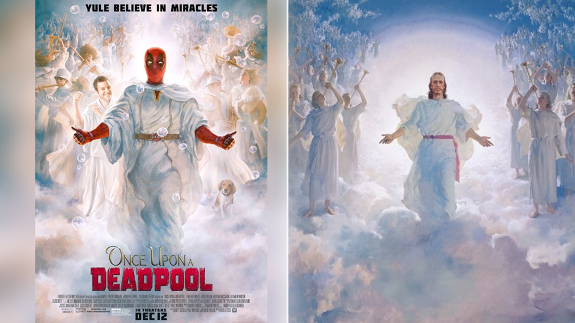 An online petition has called for the removal of a "Once Upon a Deadpool" poster (left) that resembles "The Second Coming" (right).