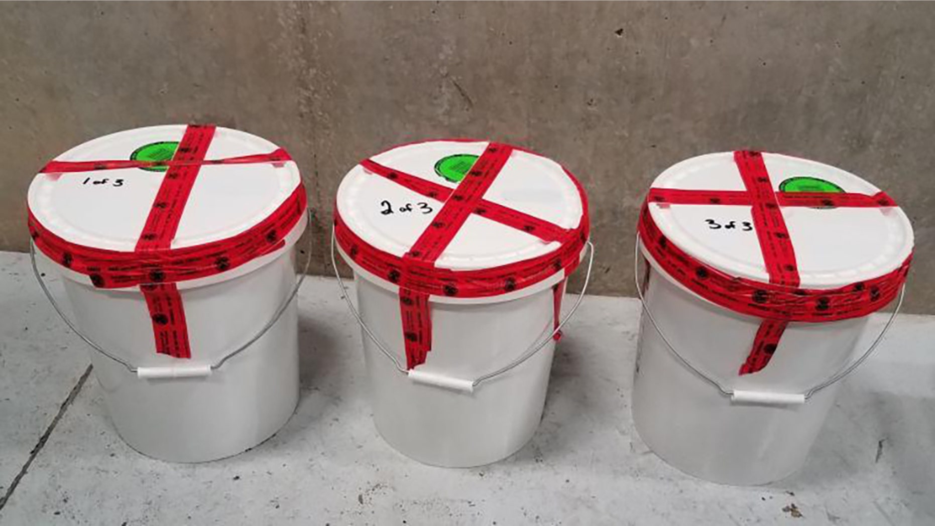 Buckets containing 94 pounds of methamphetamine seized by CBP officers at Laredo Port of Entry.