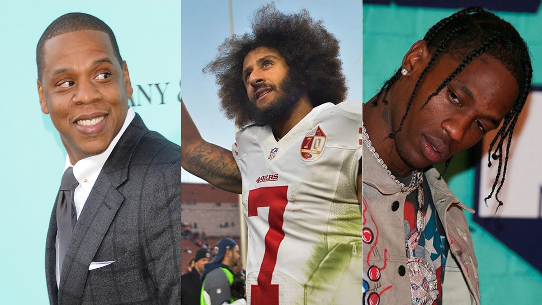 Jay-Z, left, is reportedly attempting to talk Travis Scott, right, out of performing in the Super Bowl over Colin Kaepernick. (Associated Press)