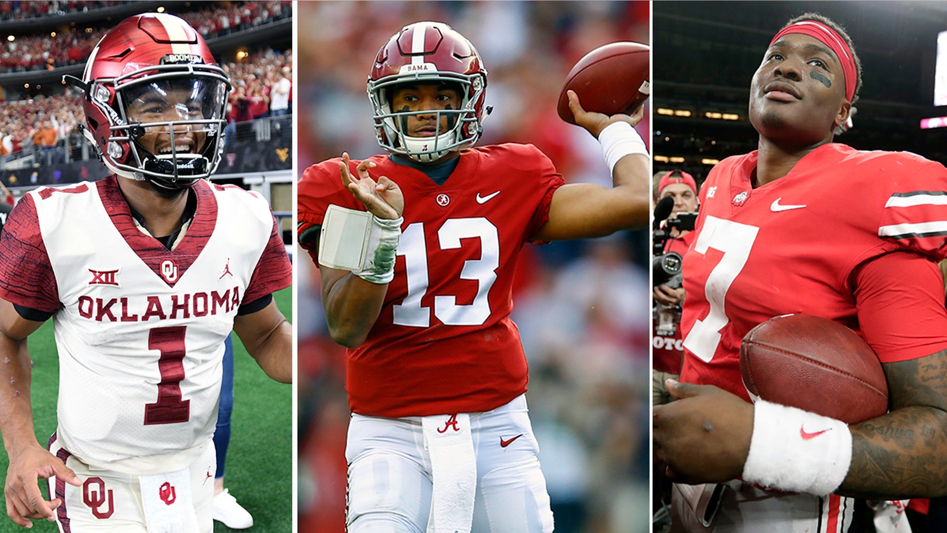 FROM LEFT: Oklahoma quarterback Kyler Murray, Alabama quarterback Tua Tagovailoa and Ohio State quarterback Dwayne Haskins (AP Photo/Butch Dill)