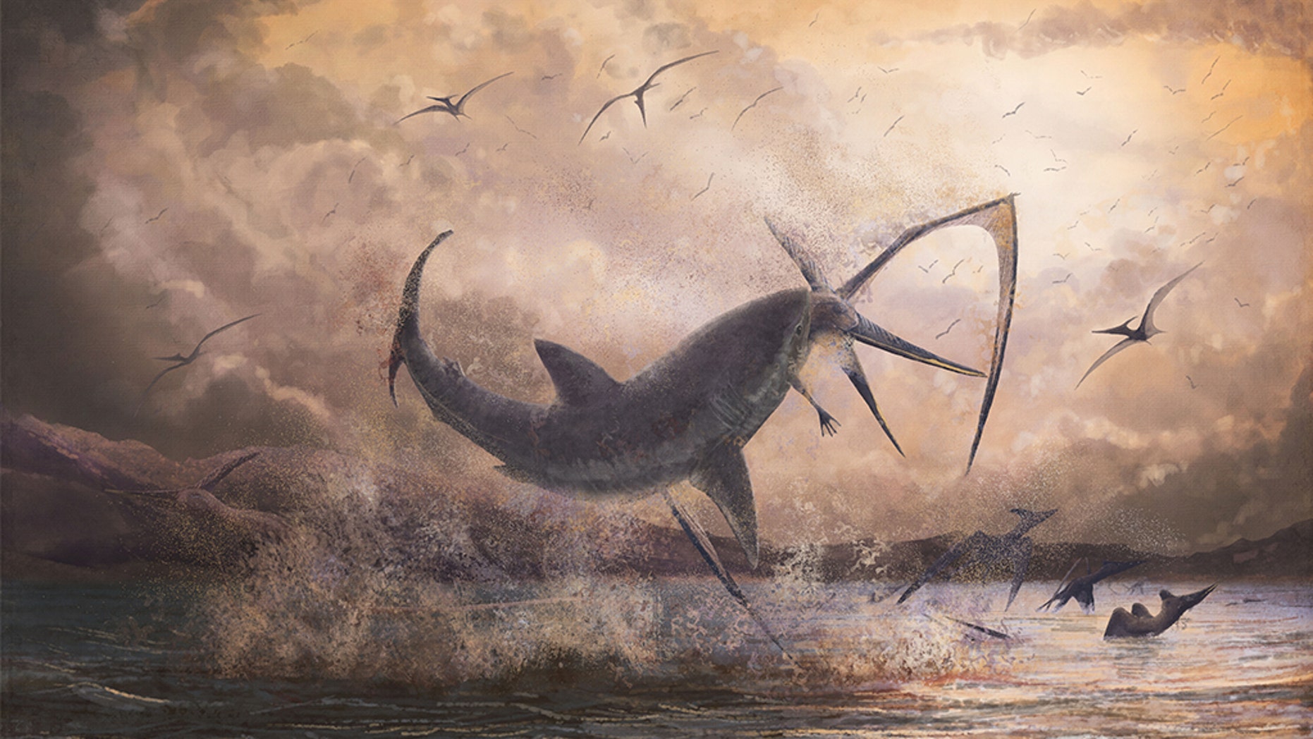 Scientists study fossil evidence of shark hunting flying reptile mid