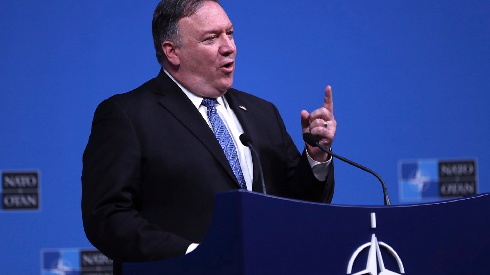 U.S. Secretary of State Mike Pompeo speaks during a media conference after a meeting of NATO foreign ministers at NATO headquarters in Brussels on Tuesday.
