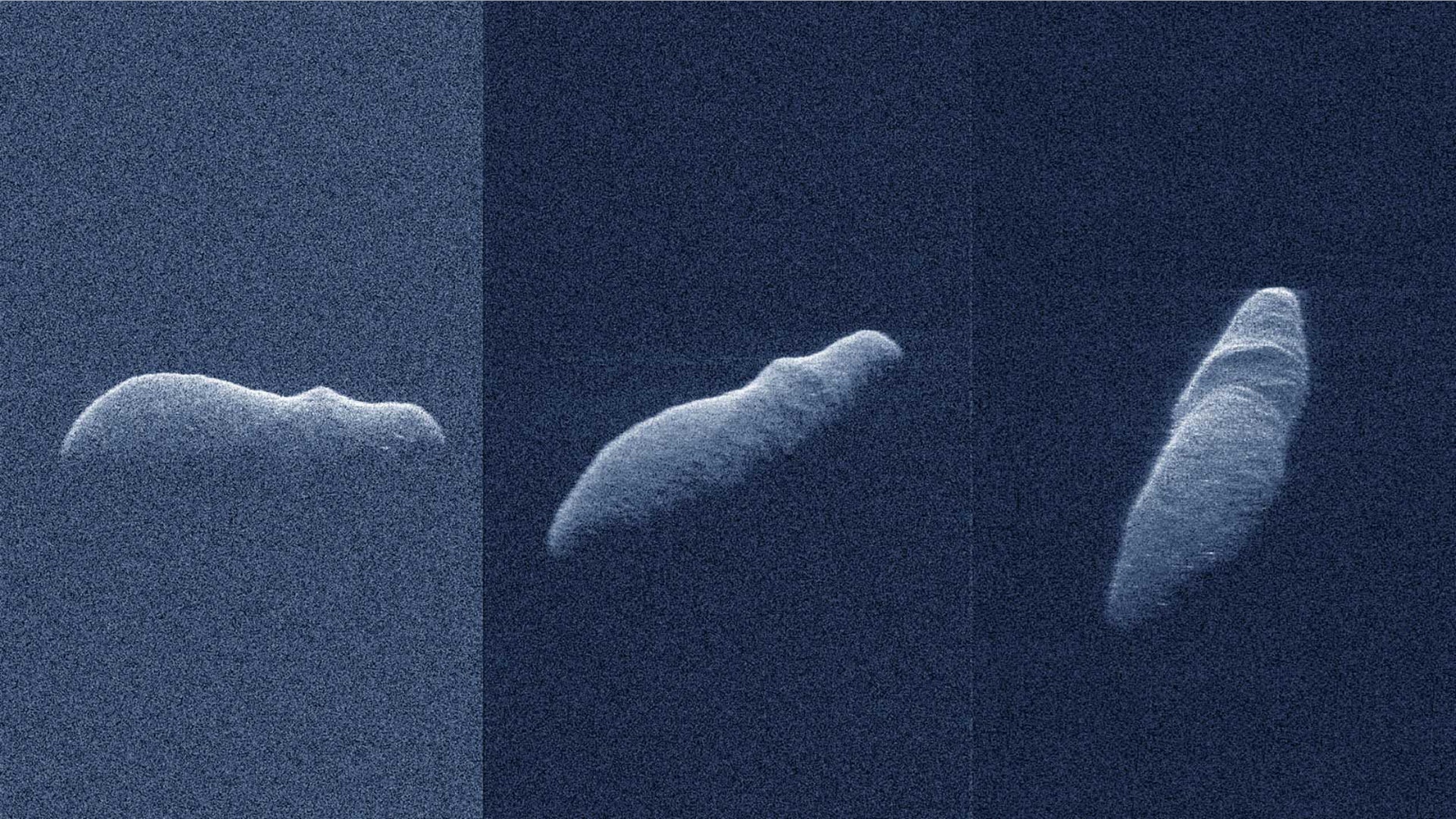 These three radar images of the near-Earth asteroid 2003 SD220 were recorded on December 15 and 17, 2018.