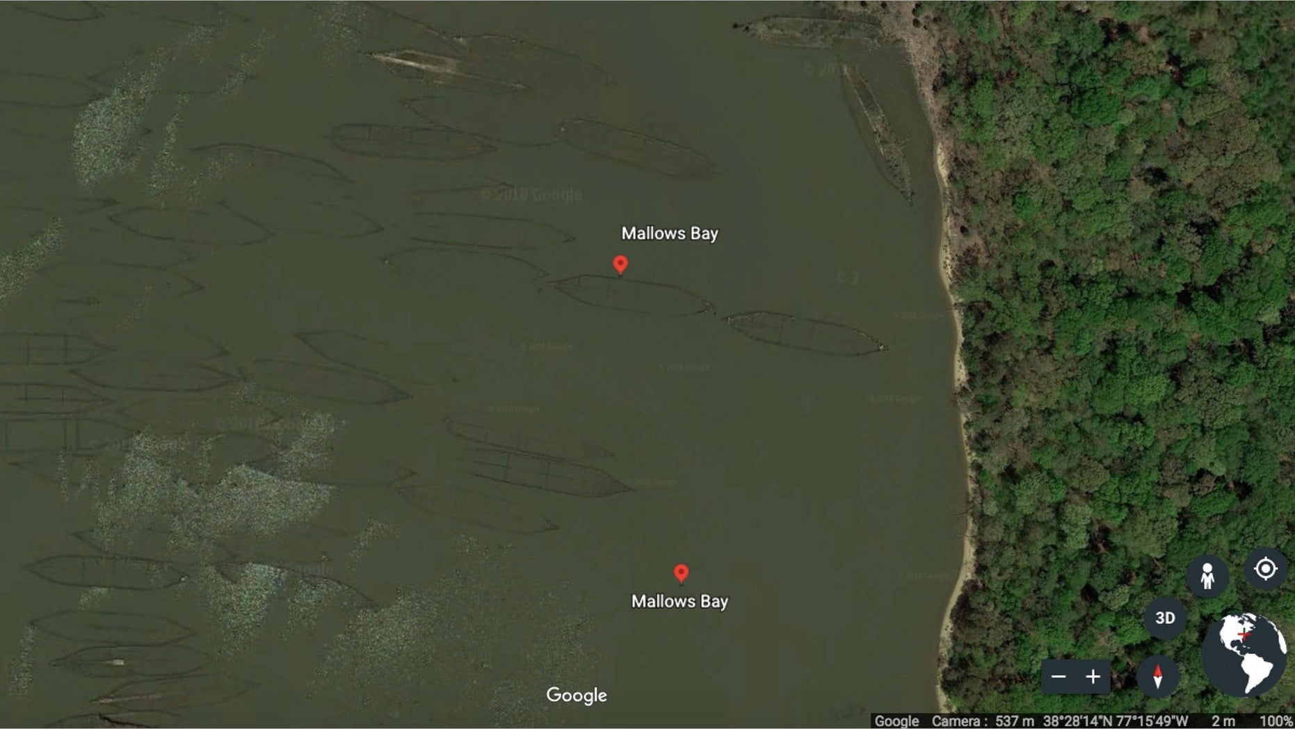 Military shipwrecks dating as far back as the Revolutionary War and including ships from the Civil War and both World War I and World War II were deliberately sunk here at Mallows Bay in Maryland.