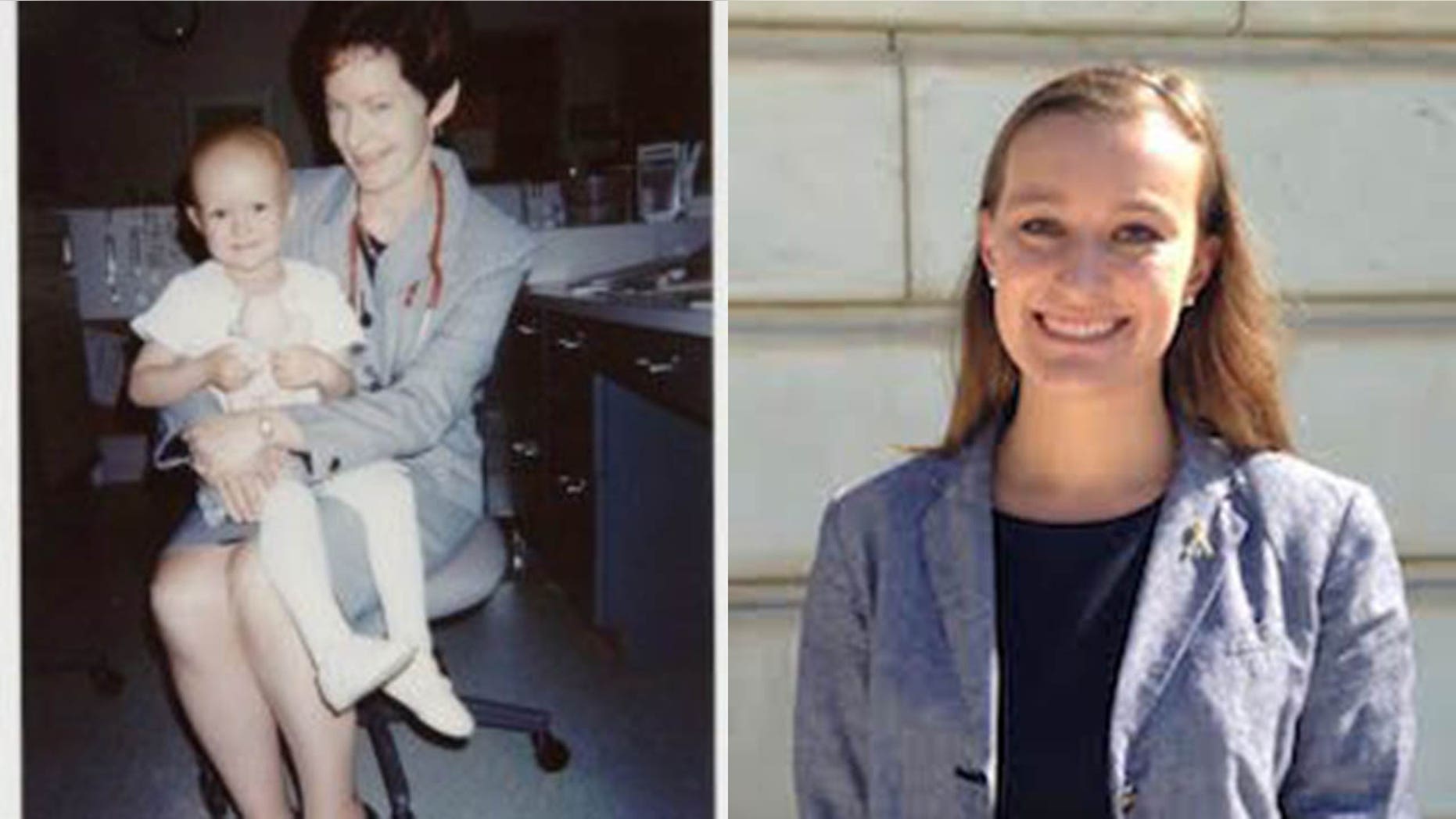 Jennifer Toth, pictured left with a member of her care team at CHOP, and right present day, now works as a nurse on an inpatient oncology unit at CHOP.