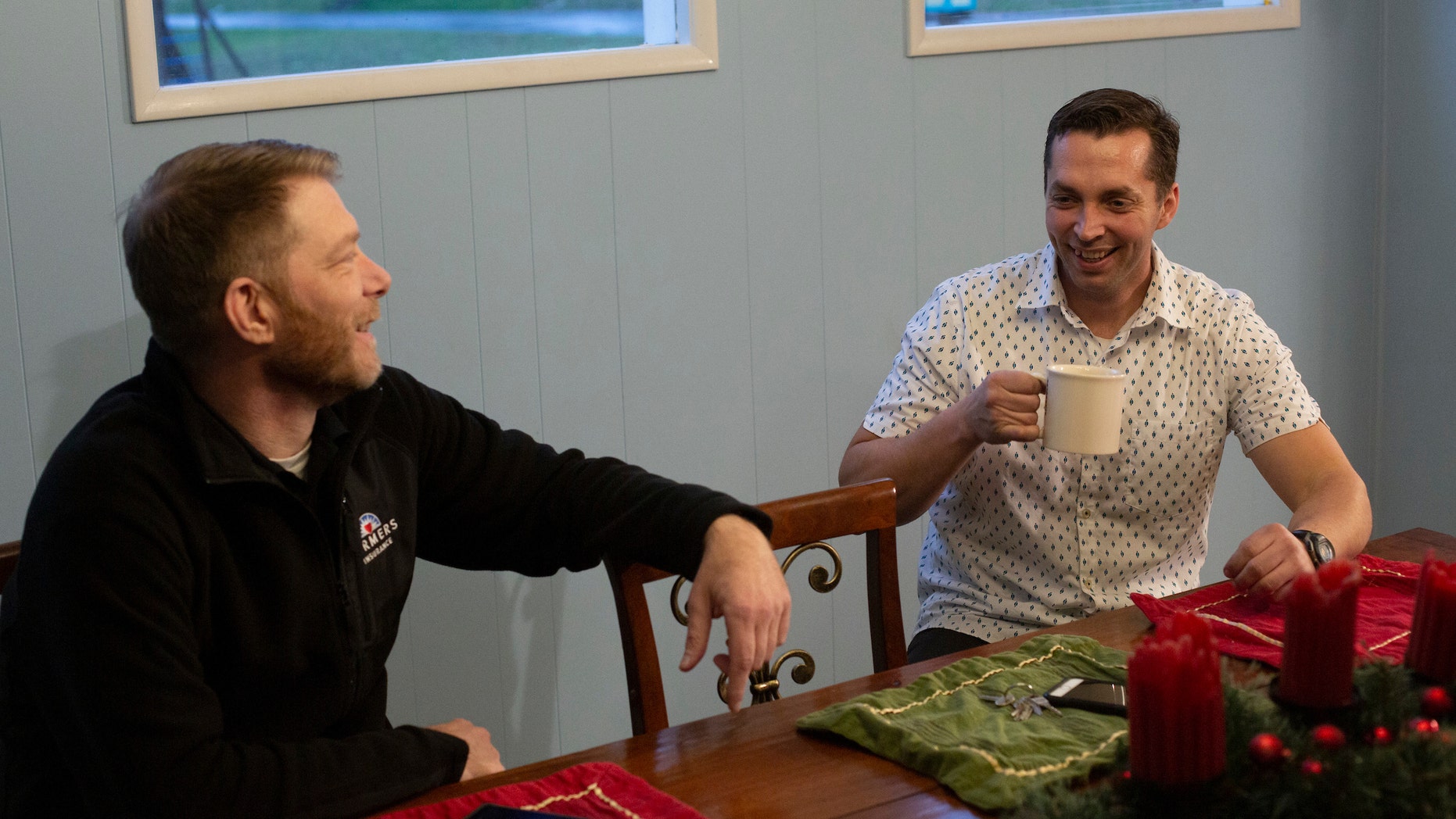 Vince Villano, left, and Justin McNeil, right, were connected by McNeil’s wife, who has been prepping Villano’s morning coffee order at Starbucks for the last several years.