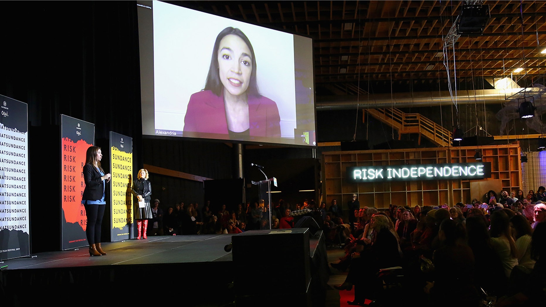 U.S. Representative Alexandria Ocasio-Cortez speaks via video at the Women At Sundance Celebration Hosted By Sundance. (Photo by Suzi Pratt/Getty Images for Refinery29)