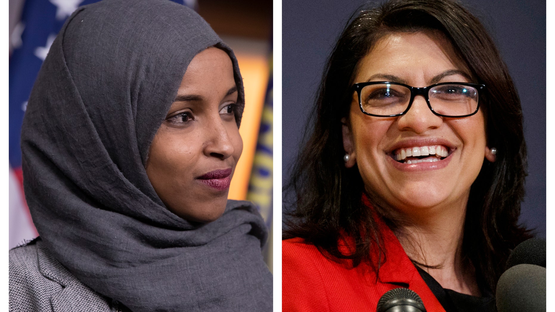 FILE - This combination of 2018 photos shows Reps.-elect Ilhan Omar, D-Minn., left, and Rashida Tlaib, D-Mich., in Washington. (AP Photo/Carolyn Kaster, File)