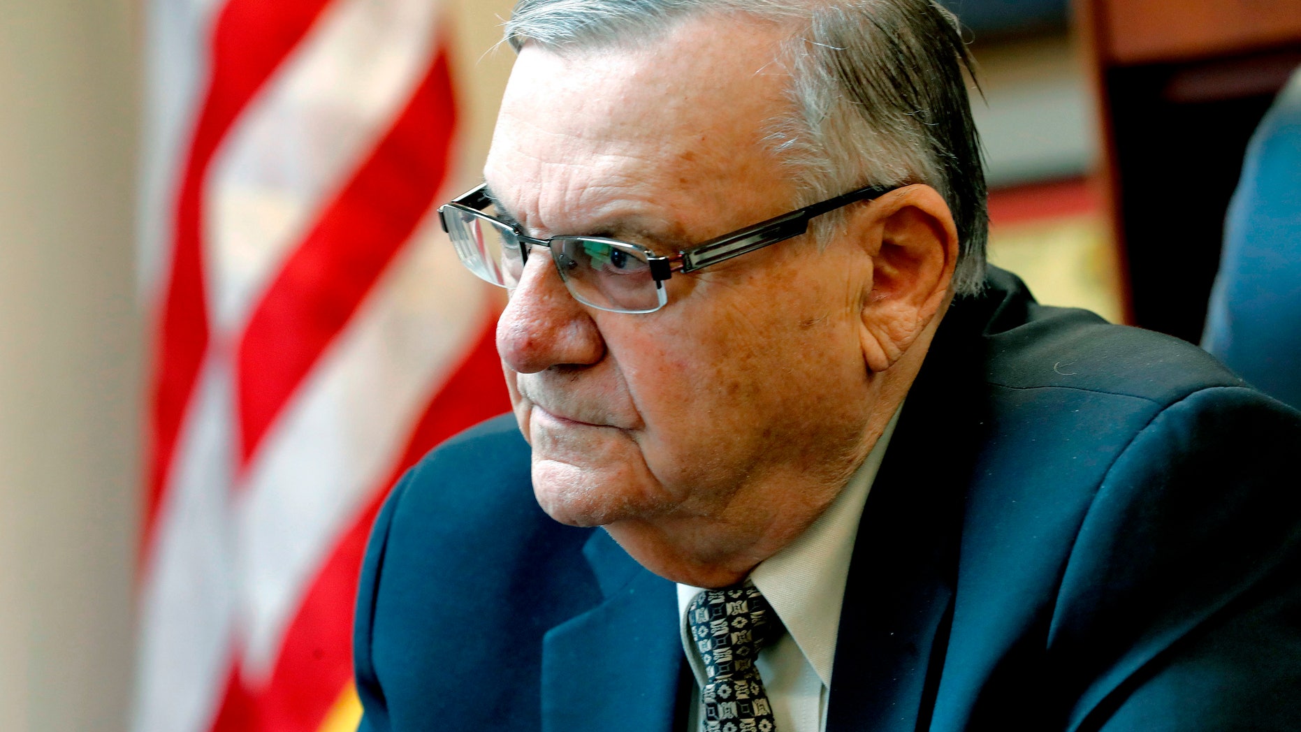 FILE - In this Jan. 10, 2018 file photo, former Maricopa County Sheriff Joe Arpaio speaks at his office in Fountain Hills, Ariz. (Associated Press)