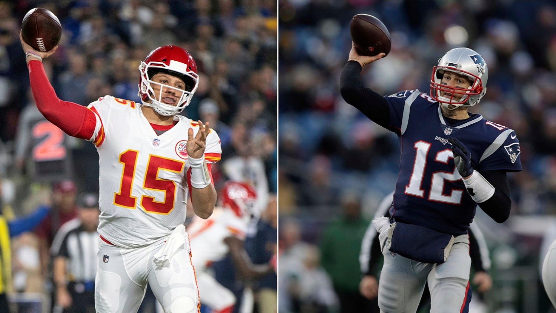 Quarterbacks Patrick Mahomes, left, of the Kansas City Chiefs, and Tom Brady of the New England Patriots will face each other in Sunday's AFC Championship Game in Kansas City. The winning team wil advance to the Super Bowl. (Associated Press)