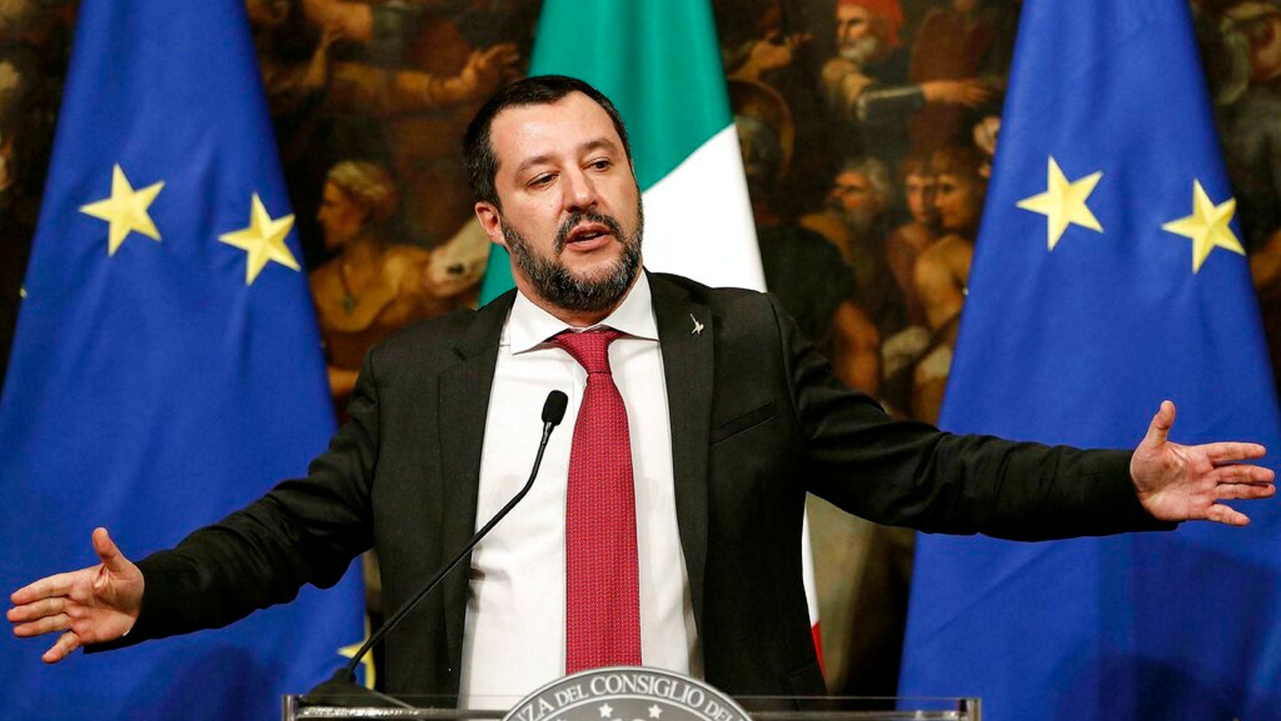 Italian Deputy Premier and Interior Minister Matteo Salvini speaks at a press conference following a Cabinet meeting at Chigi Palace's premier office in Rome, Thursday, Jan. 17, 2019. (Riccardo Antimiani/ANSA via AP)