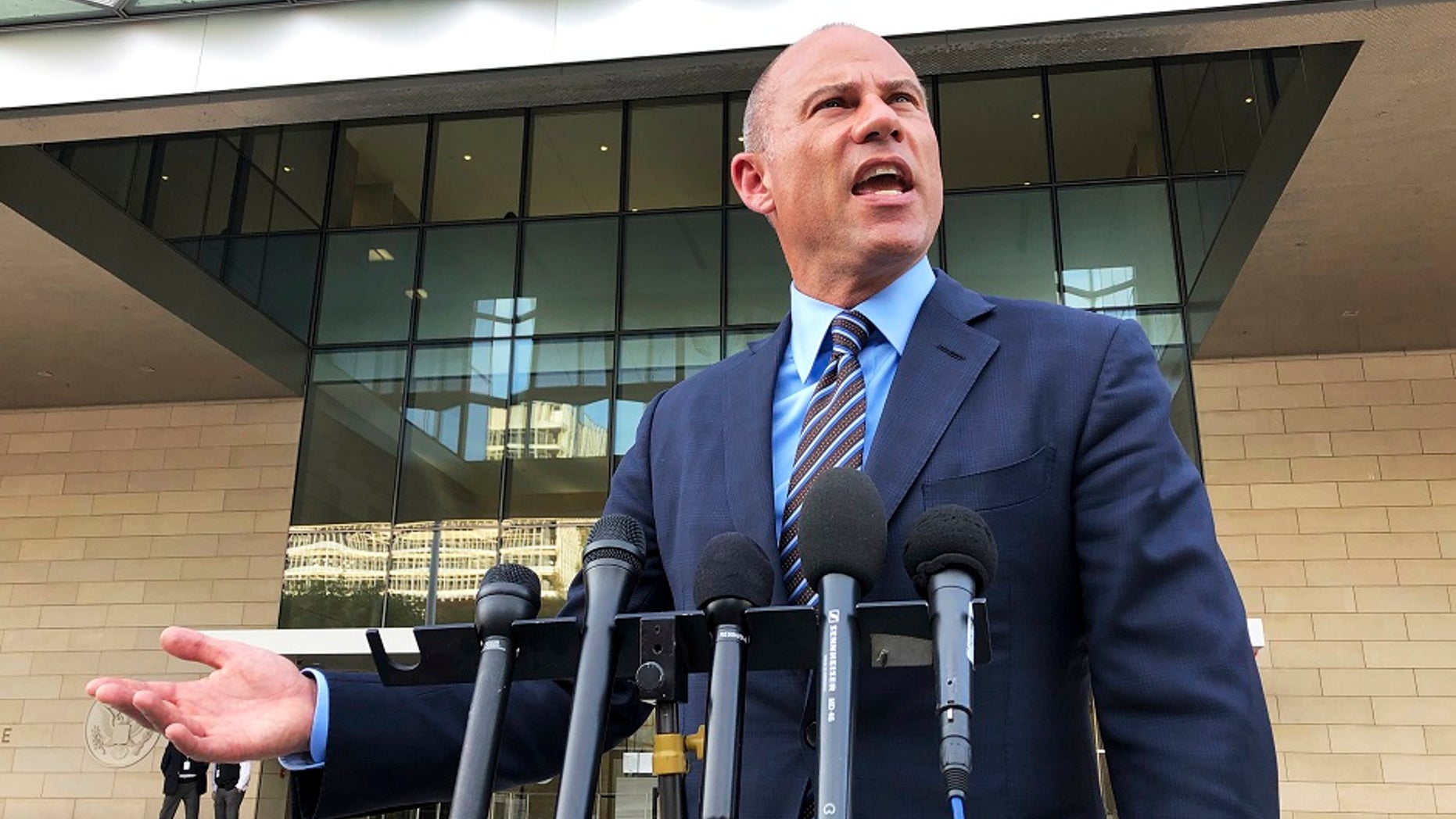 Michael Avenatti, attorney for porn actress Stormy Daniels, talks to reporters outside federal court in Los Angeles, Jan. 22, 2019. (Associated Press)
