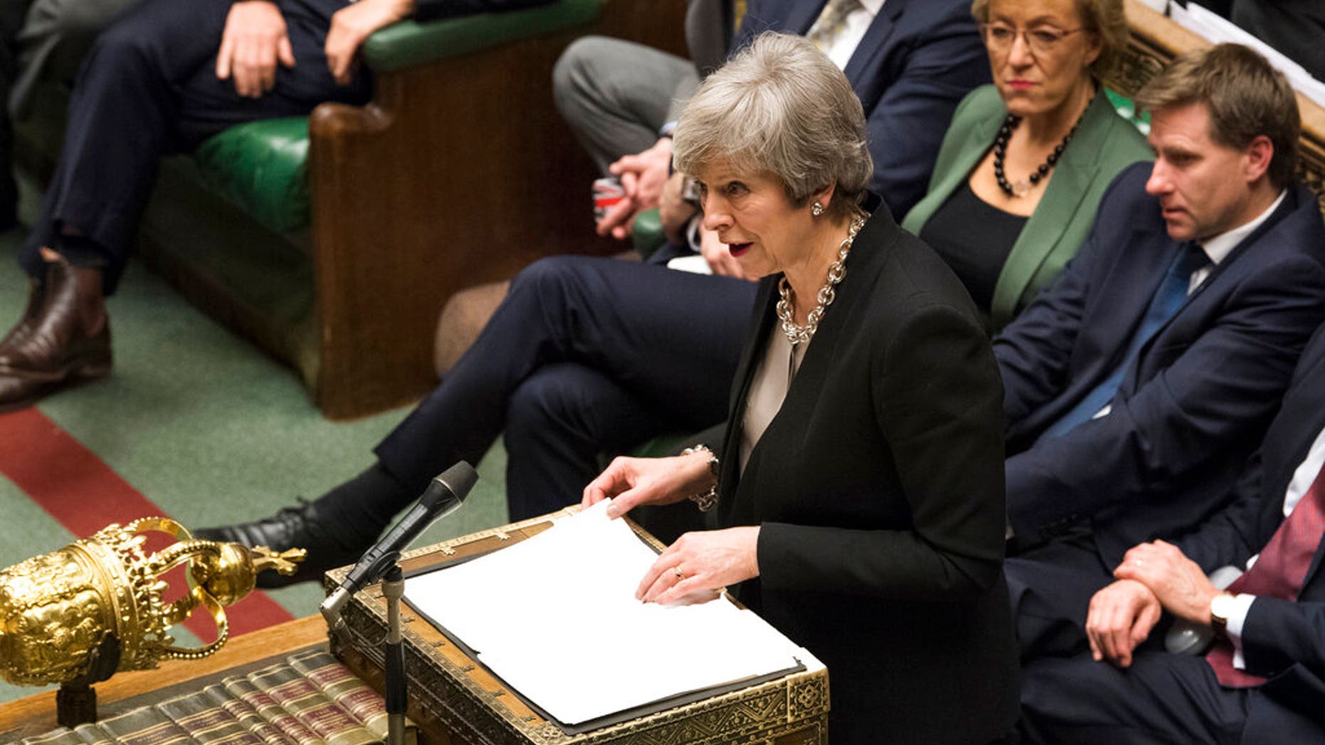 Britain's Prime Minister Theresa May reacts as she addresses the H<br>
ouse of Commons Parliament during the debate on Britain's Brexit European Union Withdrawal Act, in London, Tuesday Jan. 29, 2019.(Jessica Taylor/UK Parliament via AP)