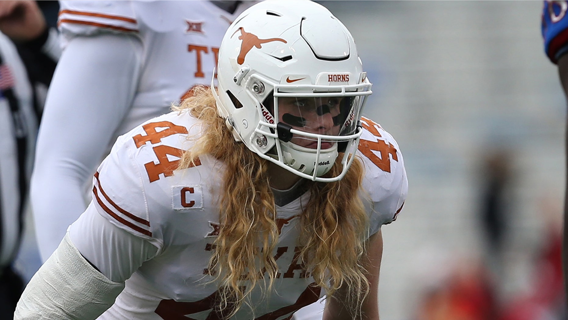 Texas Longhorns defensive lineman Breckyn Hager (44) before the snap during the first half of a Big 12 football game between the Texas Longhorns and Kansas Jayhawks on November 23, 2018 at Memorial Stadium in Lawrence, KS.