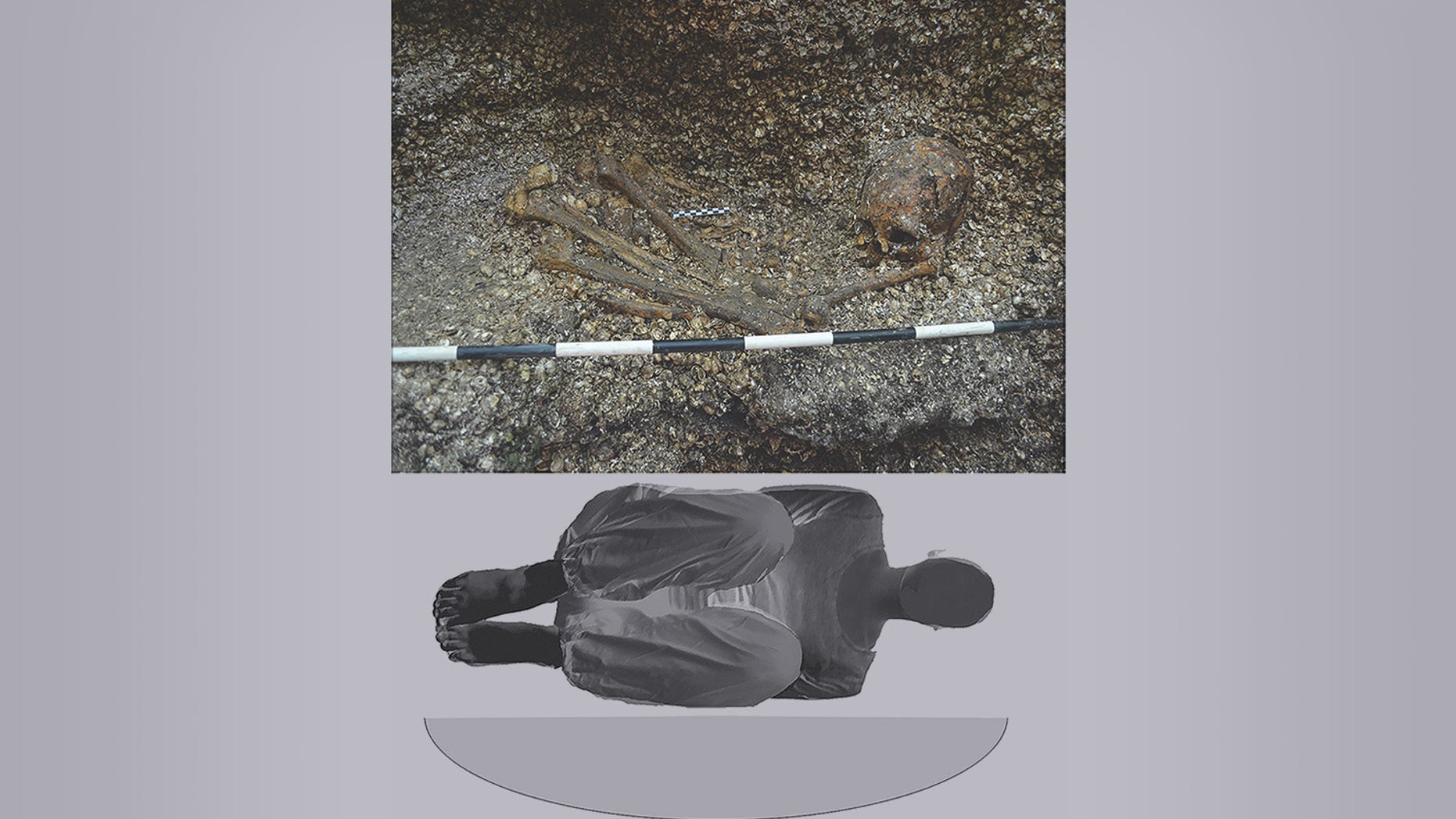 The excavated burial (top) of the ancient woman, next to an illustration (bottom) of how she was buried in a shallow oval pit about 5,900 years ago.