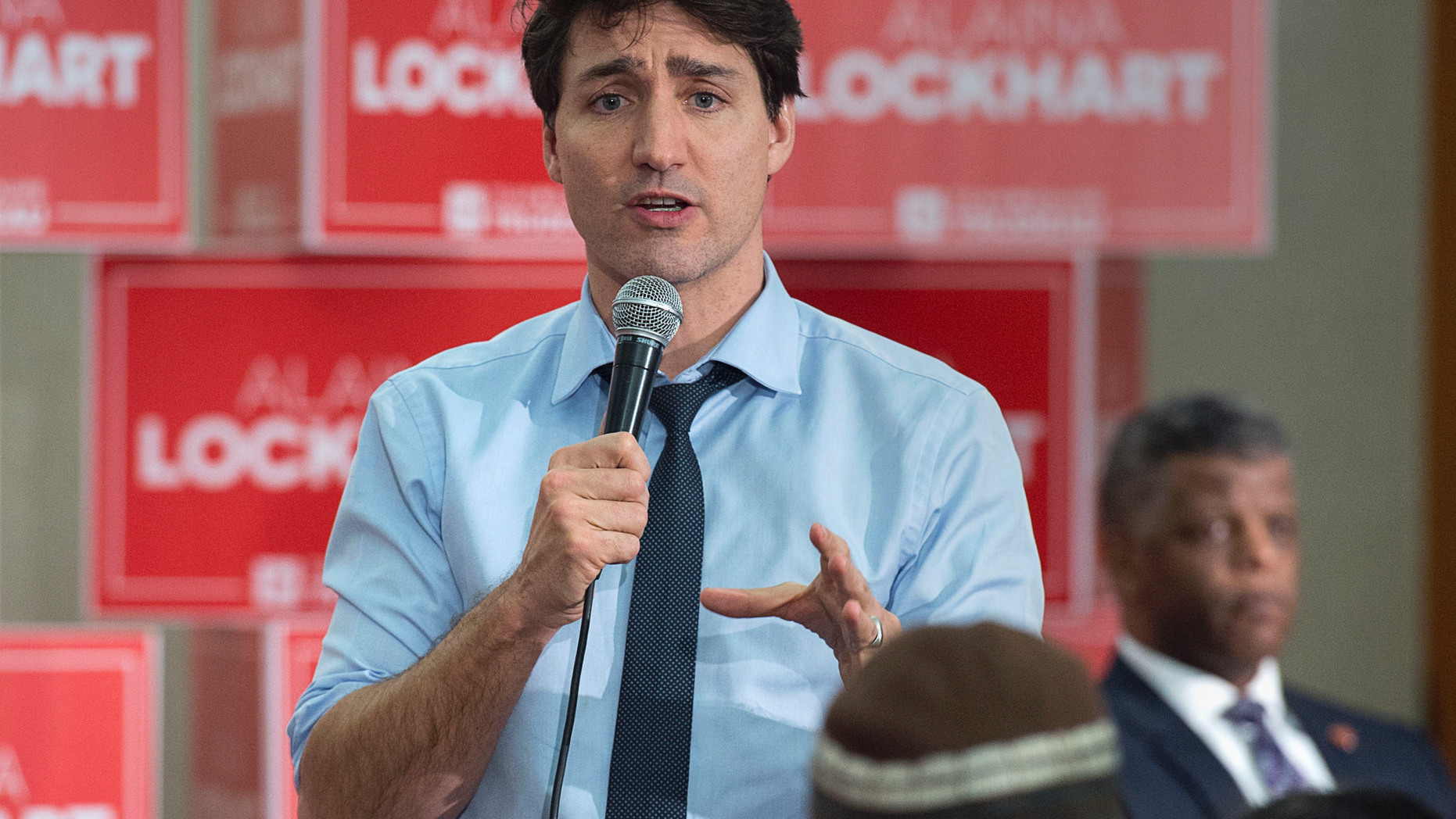 Canadian Prime Minister Justin Trudeau addresses the crowd as he attends Fundy Royal MP Alaina Lockhart's nomination event in Quispamsis, New Brunswick, on Wednesday, Jan. 23, 2019.
