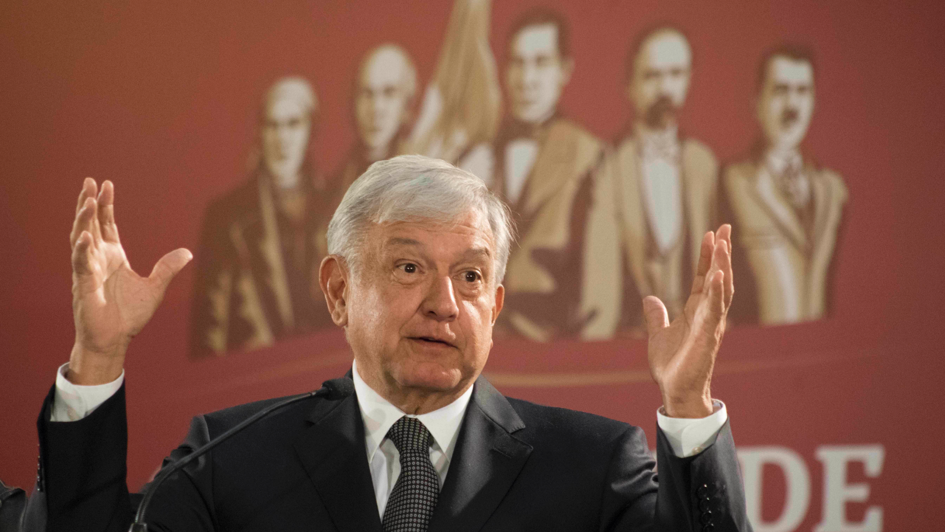 FILE - In this Dec. 3, 2018 file photo, Mexico's President Andres Manuel Lopez Obrador holds his first news conference as president, which started at 7 a.m. local time in Mexico City. Lopez Obrador has published a financial disclosure form on Thursday, Jan. 3, 2019, that reveals relatively few possessions and the fact that his wife makes more than he does. (AP Photo/Christian Palma, File)