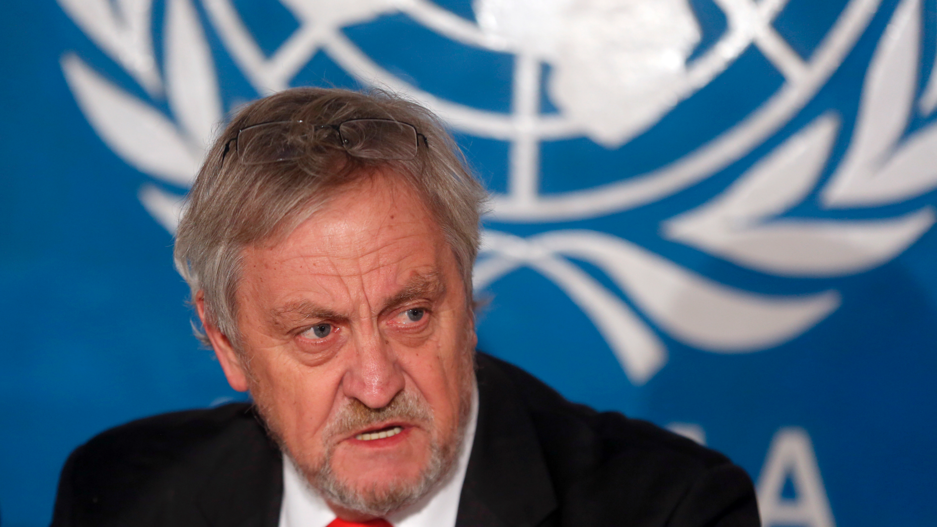 FILE - In this Wednesday, Feb. 18, 2015, file photo, Nicholas Haysom, then the top UN envoy in Afghanistan, speaks during a press conference in Kabul. Somalia's government on Tuesday, Jan. 1, 2019 ordered Nicholas Haysom, the United Nations envoy to Somalia, to leave amid questions over the arrest of the al-Shabab extremist group's former deputy leader Mukhtar Robow who had run for a regional presidency. (AP Photo/Massoud Hossaini, File)