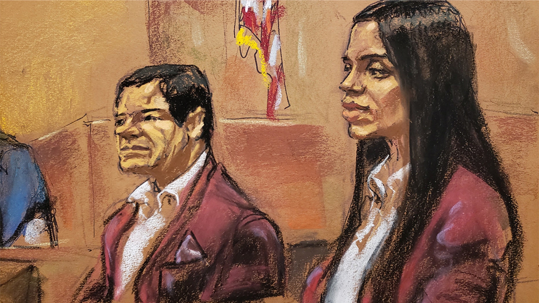 Joaquin "El Chapo" Guzman and his wife, Emma Coronel, wore matching burgundy-colored velvet jackets in court on Tuesday.