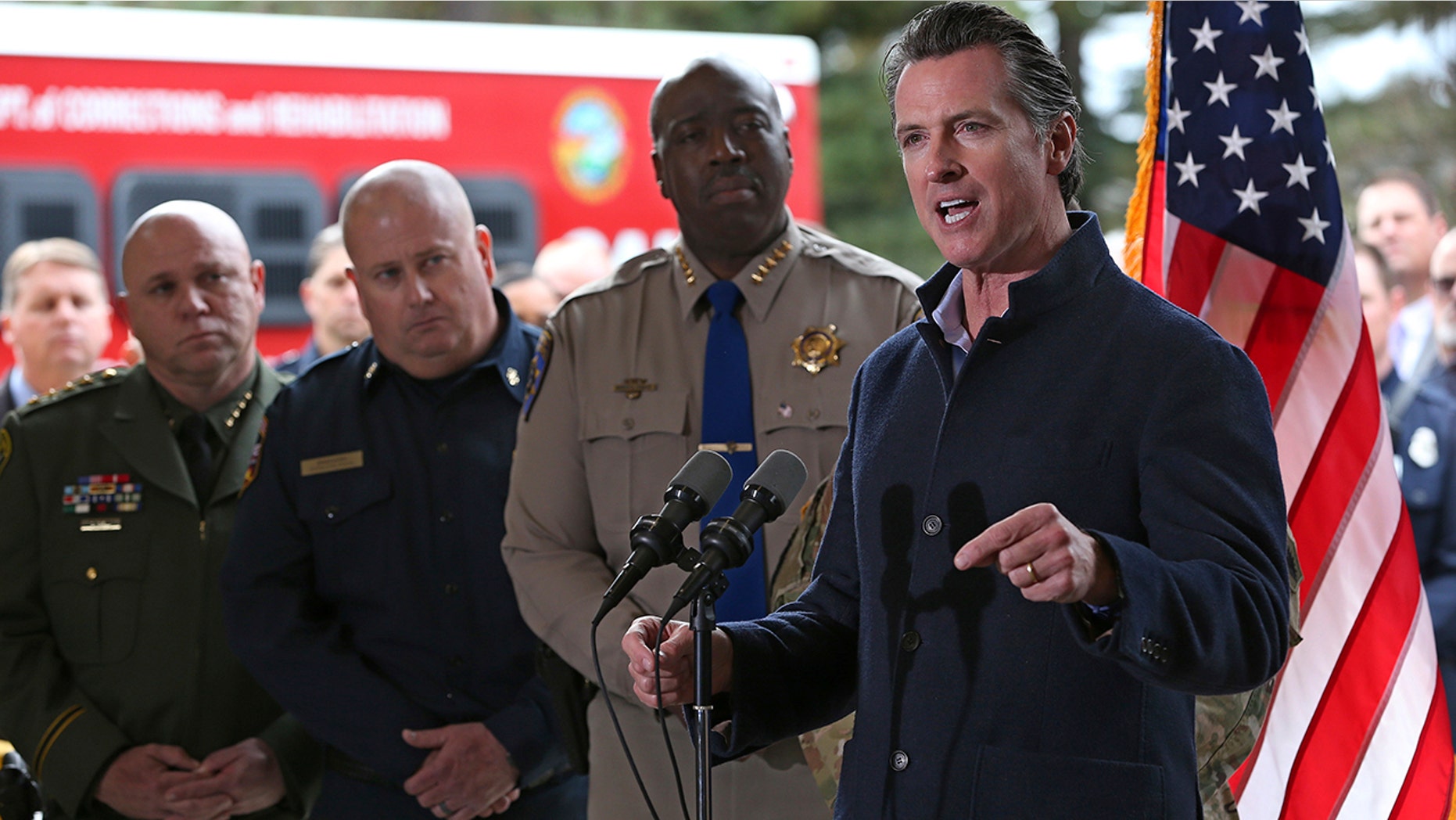 Gov. Gavin Newsom discusses emergency preparedness during a visit to the California Department of Forestry and Fire Protection CalFire Colfax Station Tuesday, Jan. 8, 2019, in Colfax, Calif. (Associated Press)
