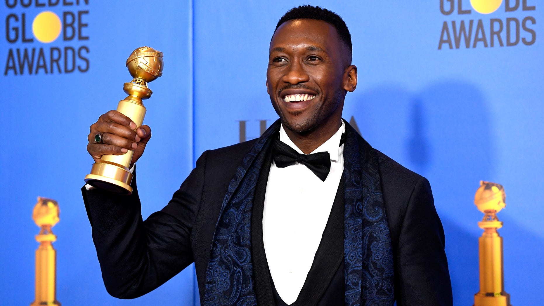 Mahershala Ali poses in the press room with award for Best Performance by an Actor in a Supporting Role in any Motion Picture 'Green Book' at the 76th Annual Golden Globe Awards held at the Beverly Hilton Hotel on January 6, 2019. -- (Photo by Kevork Djansezian/NBC/NBCU Photo Bank)