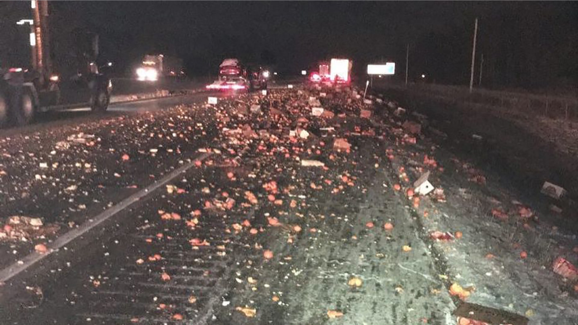Oranges spilled out across Interstate 70 in Indiana after a crash.