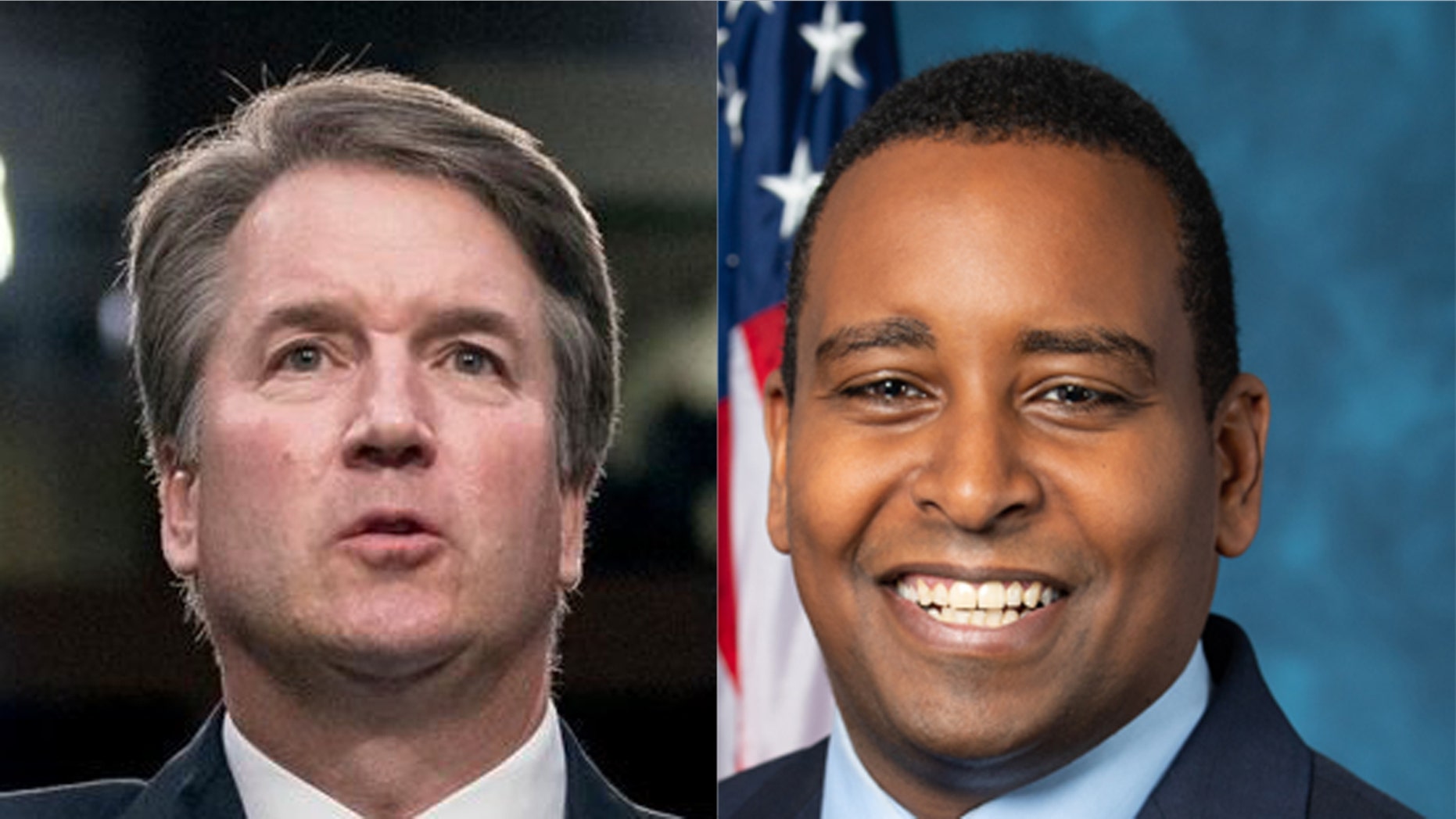 Rep. Joe Neguse, D-Colo., (right) claims Supreme Court Justice Brett Kavanaugh (left) committed perjury during the tense confirmation hearing last year, but does not say which specific statement is problematic.
