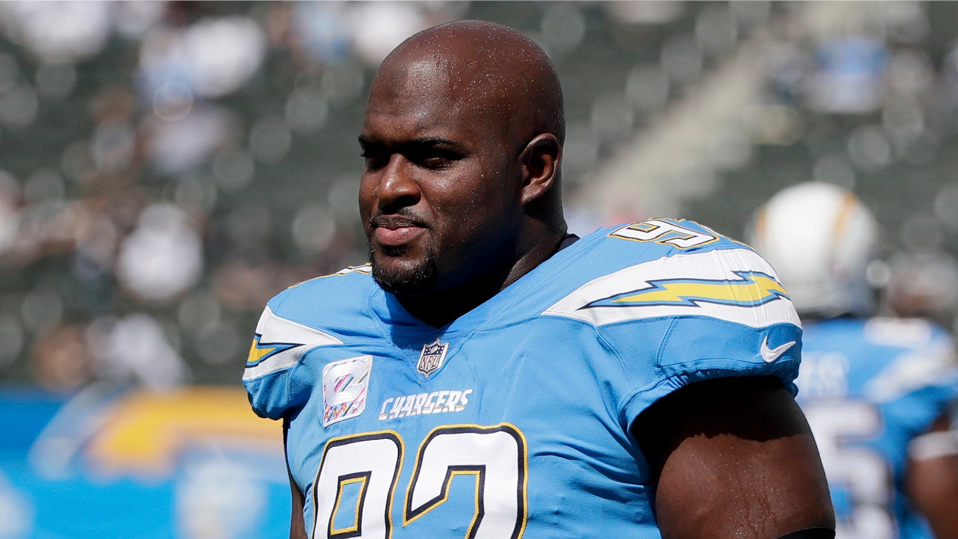 FILE - In this Oct. 7, 2018 file photo Los Angeles Chargers defensive tackle Brandon Mebane warms up before an NFL football game against the Oakland Raiders in Carson, Calif.