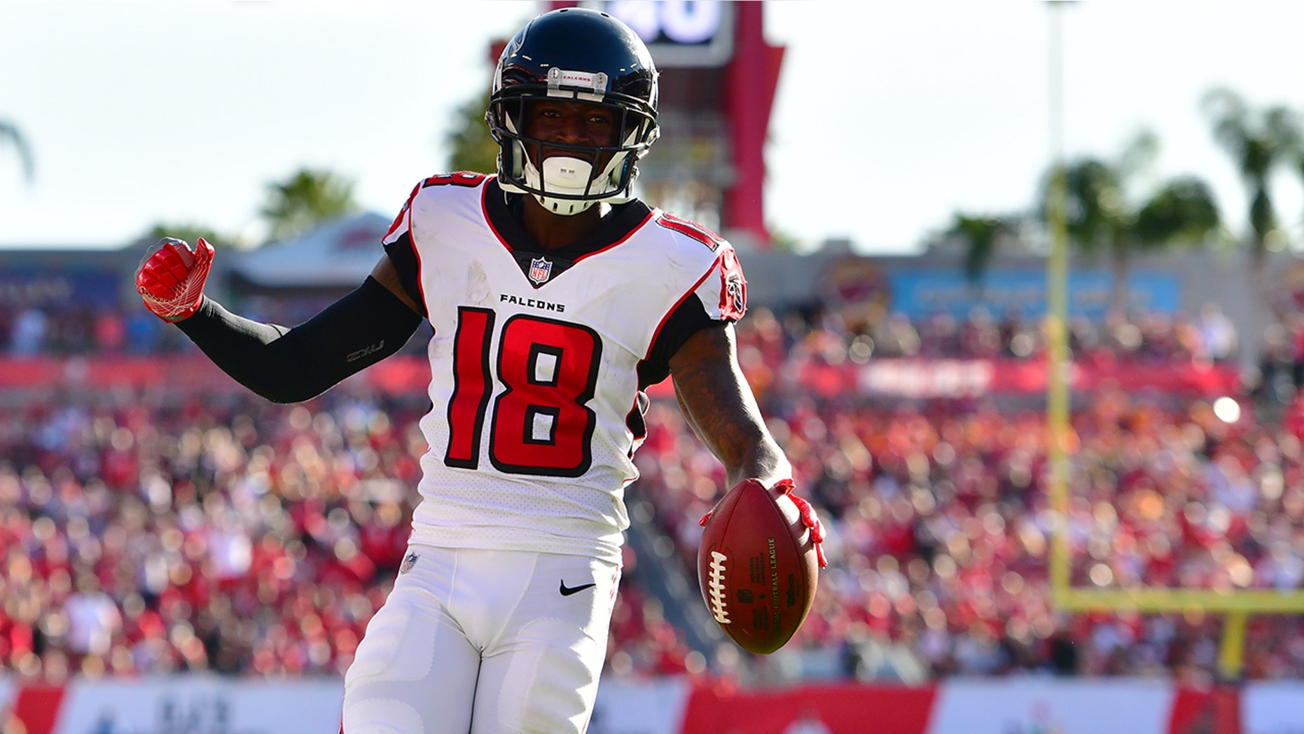 Calvin Ridley #18 of the Atlanta Falcons catches a 7-yard touchdown pass from Matt Ryan #2 during the fourth quarter against the Tampa Bay Buccaneers at Raymond James Stadium on December 30, 2018 in Tampa, Florida.