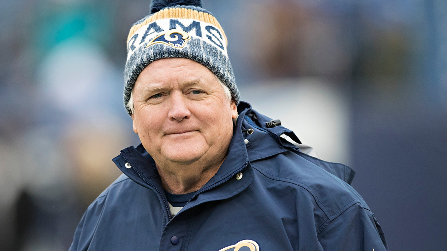 Defensive Coordinator Wade Phillips of the Los Angeles Rams walks onto the field before a game against the Tennessee Titans at Nissan Stadium on December 24, 2017 in Nashville, Tennessee.