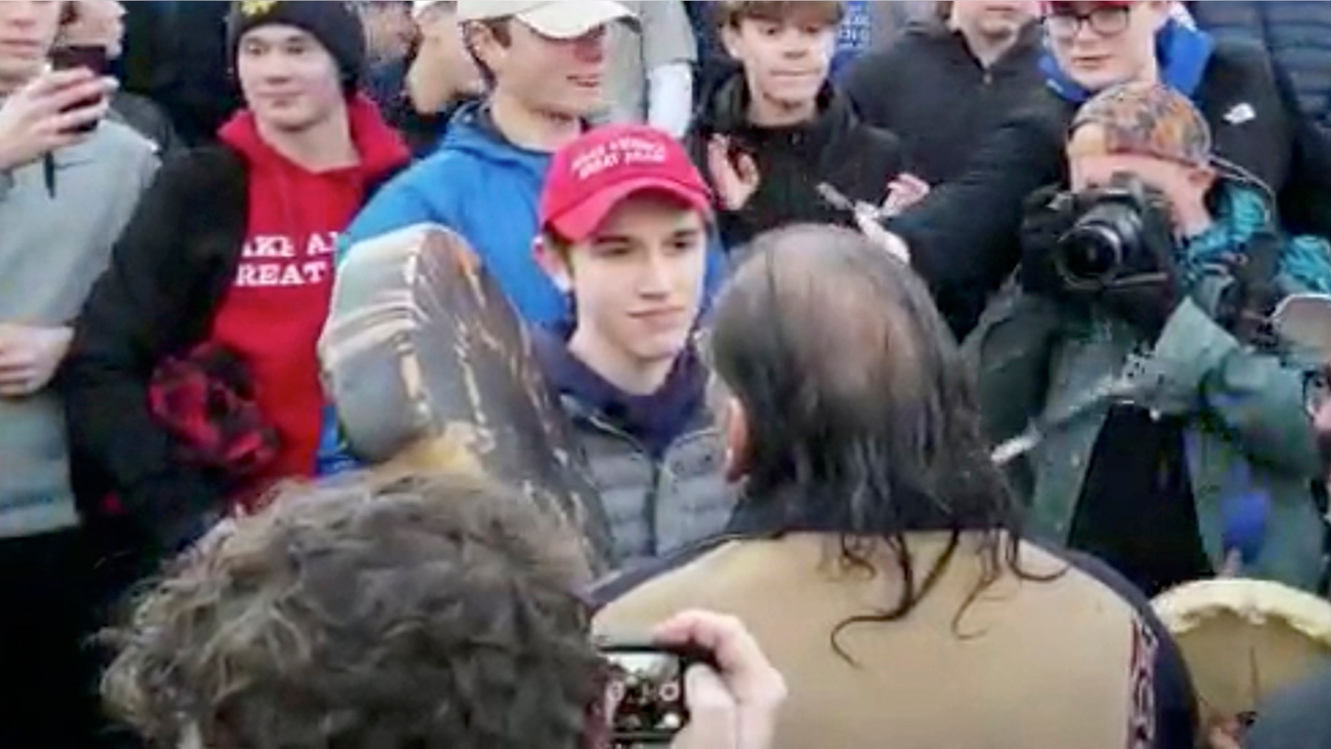 Junior Nick Sandmann of Covington Catholic High School in Kentucky said: “As far as standing there, I had every right to do so. My position is that I was not disrespectful to Mr. (Nathan) Phillips. I respect him. I’d like to talk to him. I mean, in hindsight, I wish we could’ve walked away and avoided the whole thing.” (Survival Media Agency via AP)