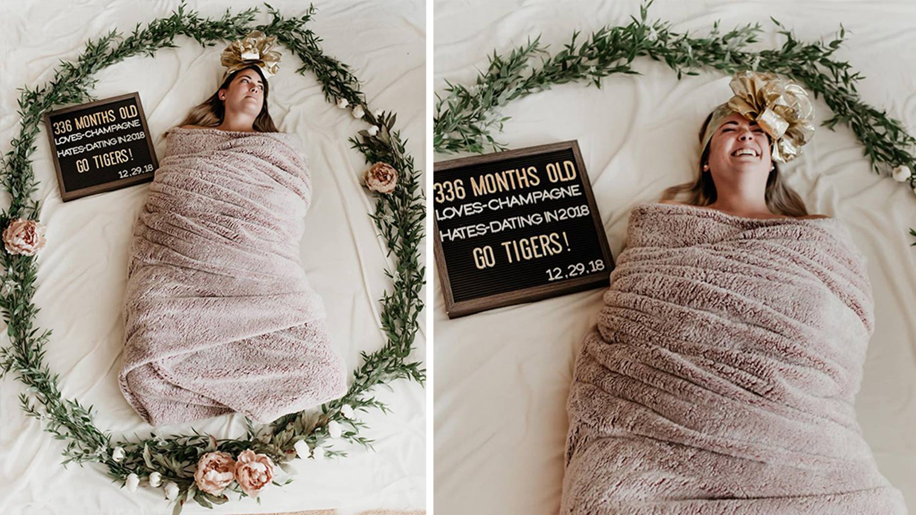 Grown woman swaddled for birthday photo shoot: ‘Your best friend only turns 336 months once’