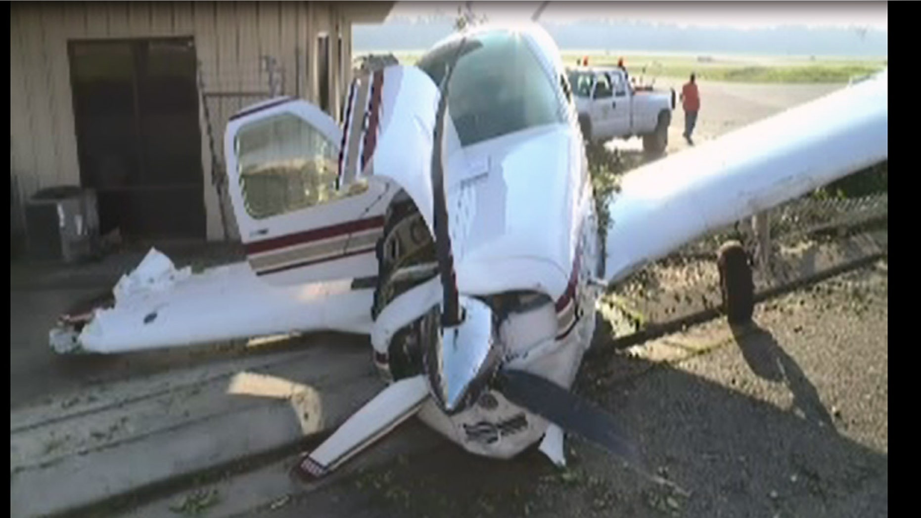 Damage to a single-engine plane after it crashed at Modesto Airport in California Wednesday.
