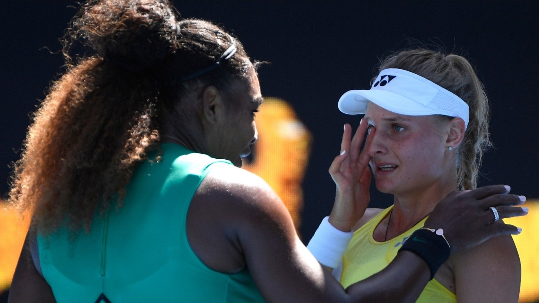 Serena Williams is seen comforting her opponent, Dayana Yastremska, after her game on Saturday, January 19, 209.