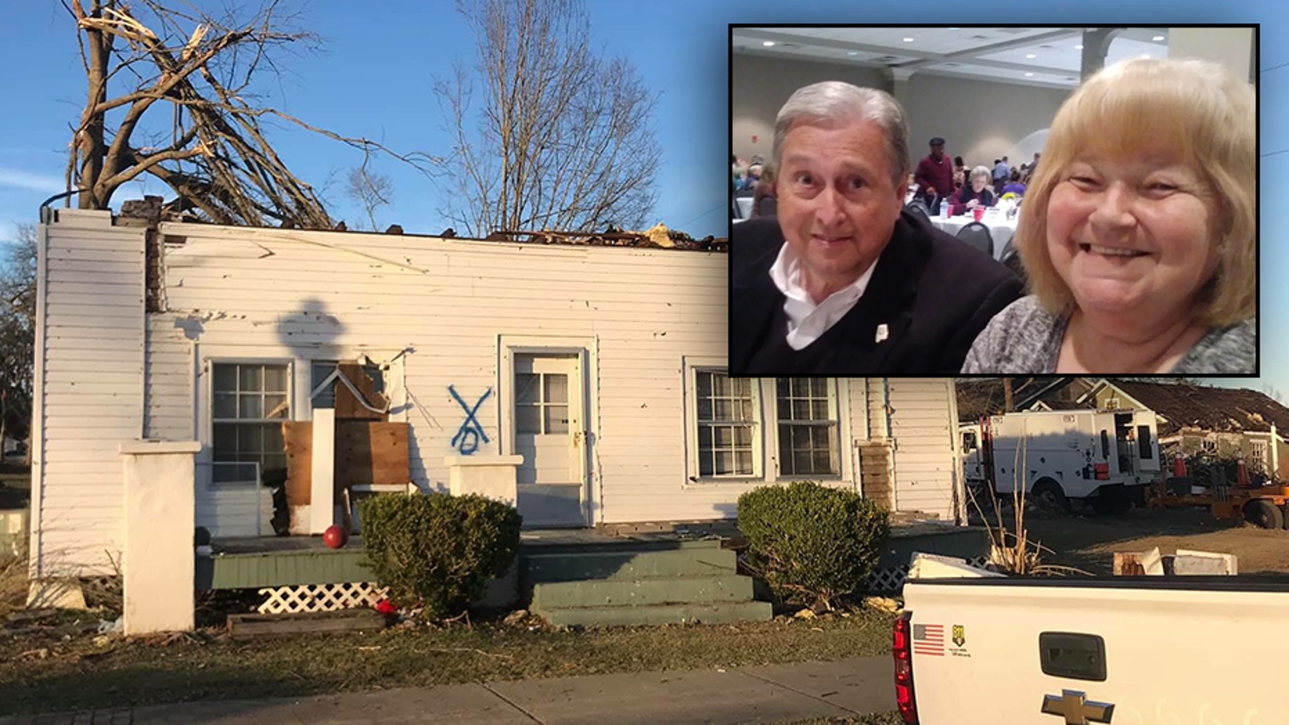 Sharon Watson with Wetumpka Mayor Jerry Willis at an event Monday night. Watson's home was destroyed by a rare winter tornado that ravaged the town.