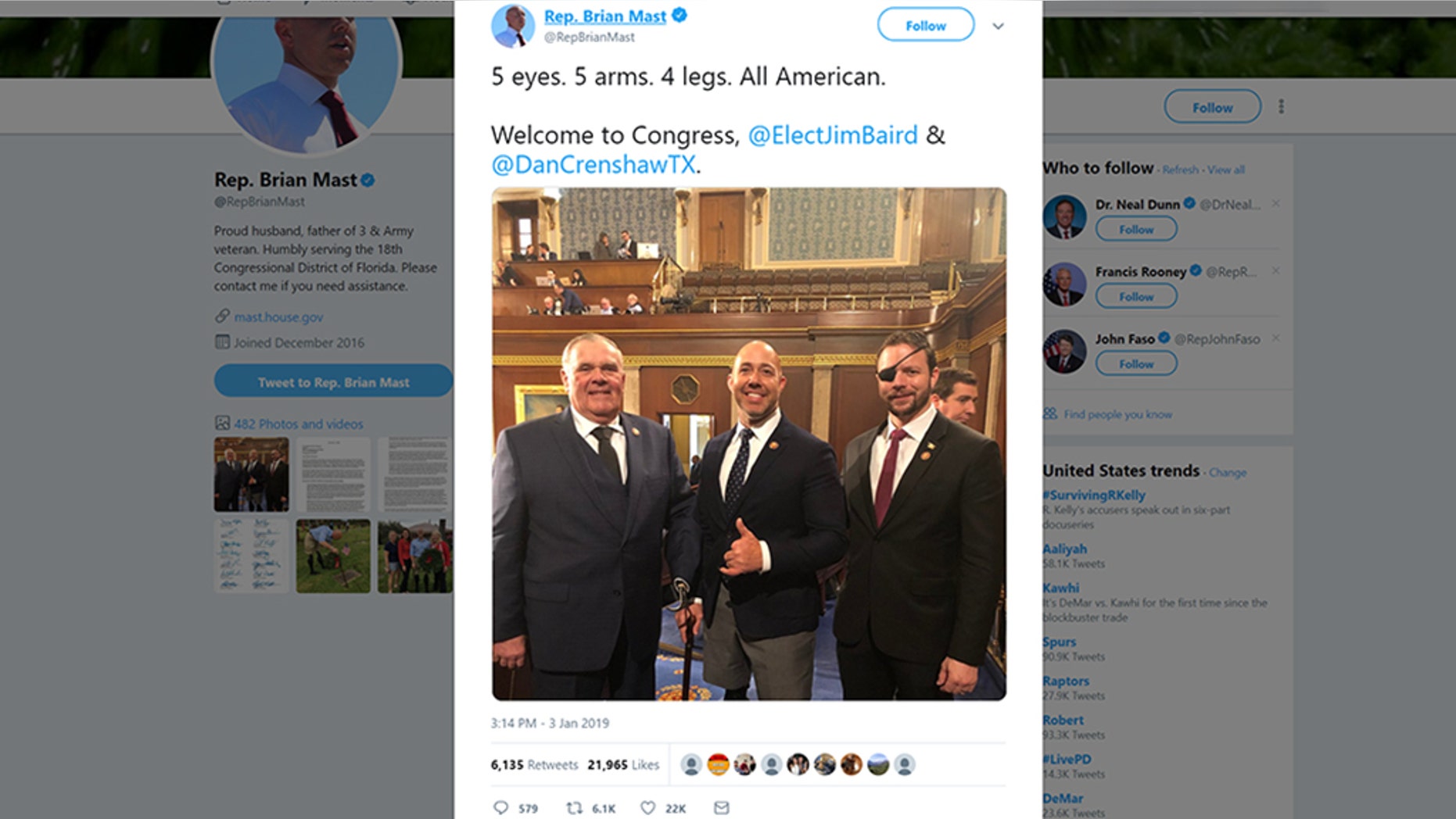 On the first day of the new Congress, three wounded veterans celebrated with a tweet at their swearing-in ceremony.