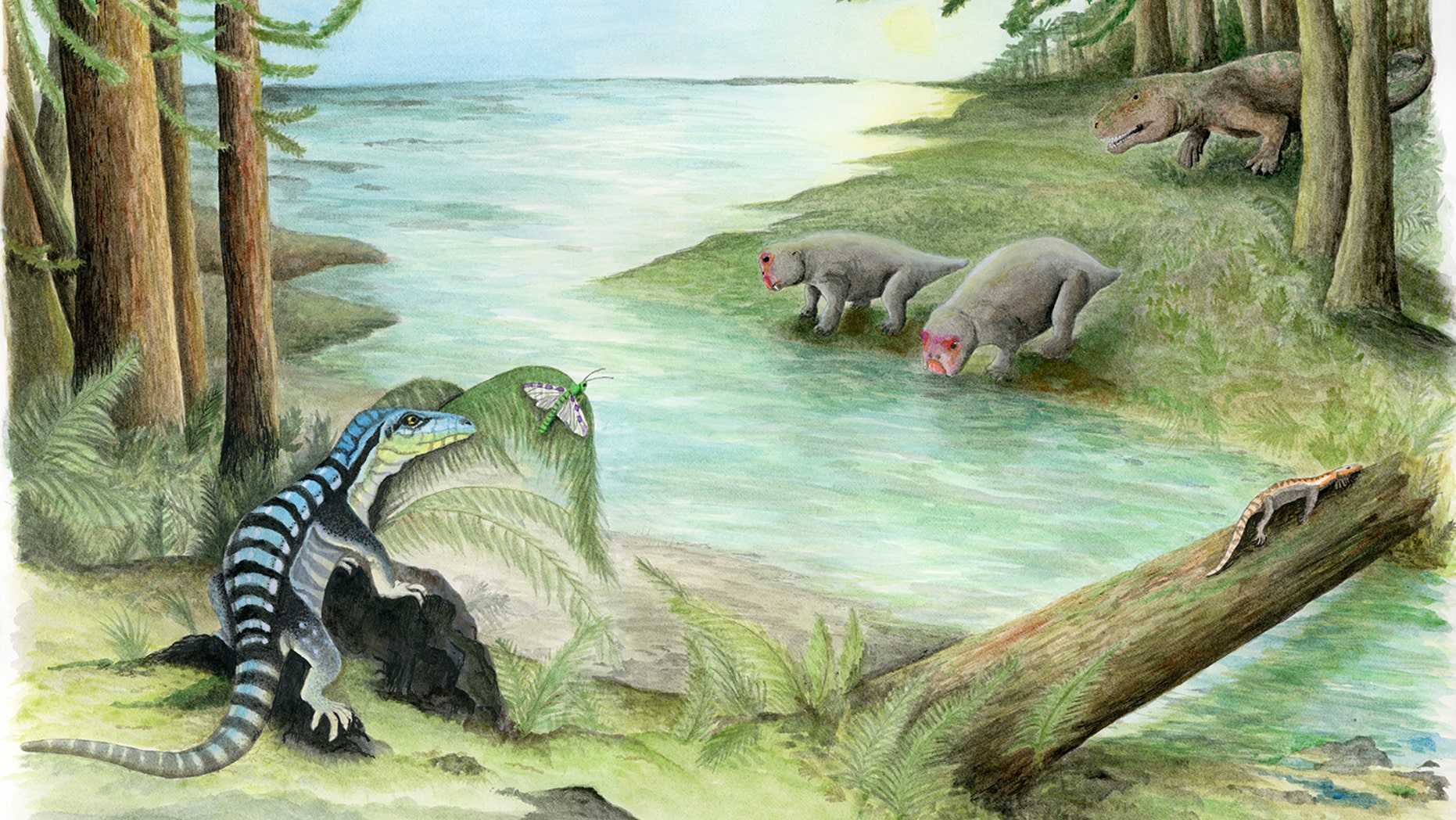 <i>Antarctanax shackletoni</i> stalks an insect on the bank of a river in Antarctica, during the Early Triassic.