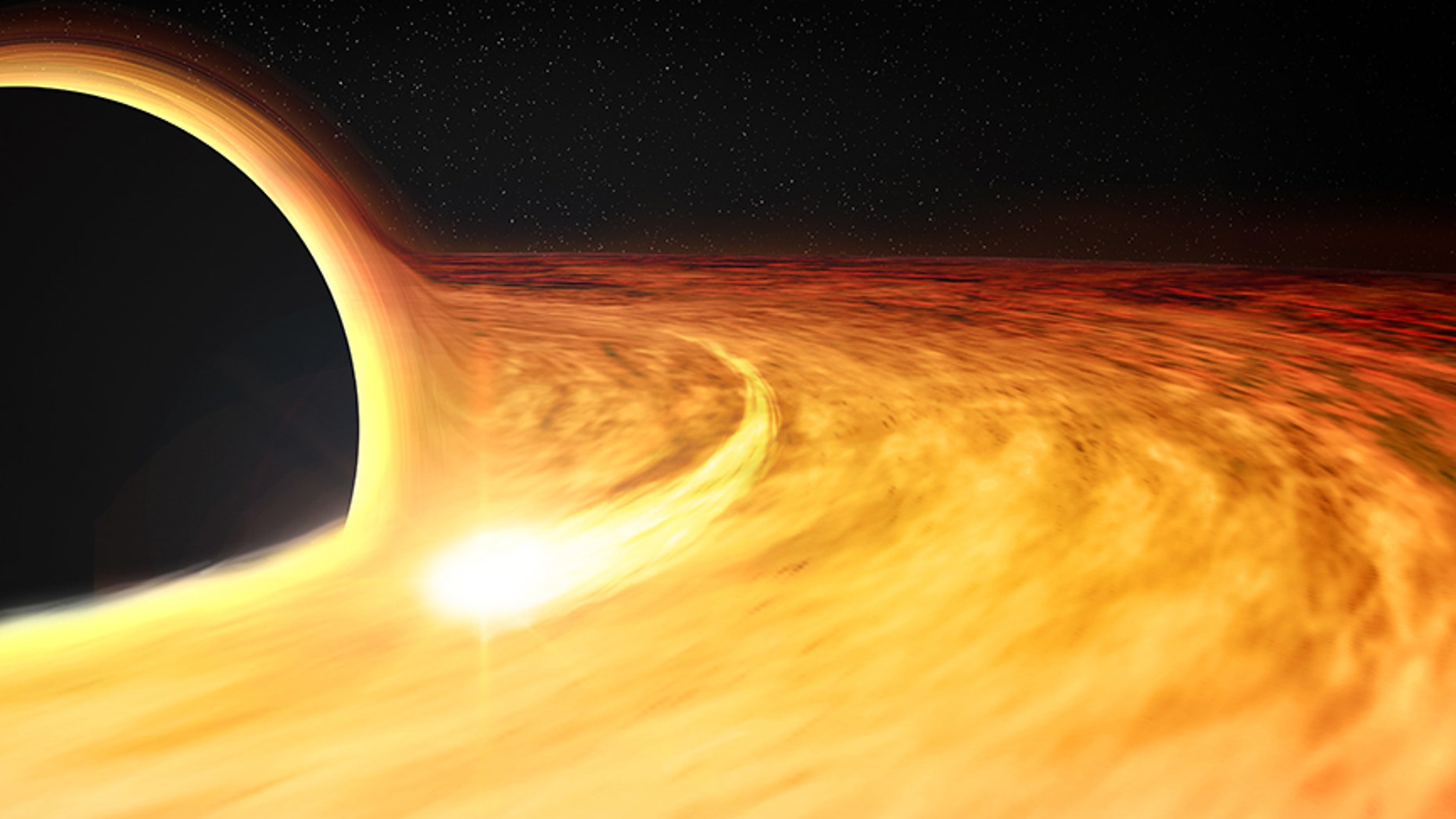 This artist's illustration shows the region around a supermassive black hole after a star wandered too close and was ripped apart. Some of the remains of the star are pulled into an X-ray-bright disk where they circle the black hole before passing over the "event horizon," the boundary beyond which nothing, including light, can escape. The elongated spot depicts a bright region in the disk, which causes a regular variation in the X-ray brightness of the source, allowing the spin rate of the black hole to be estimated.