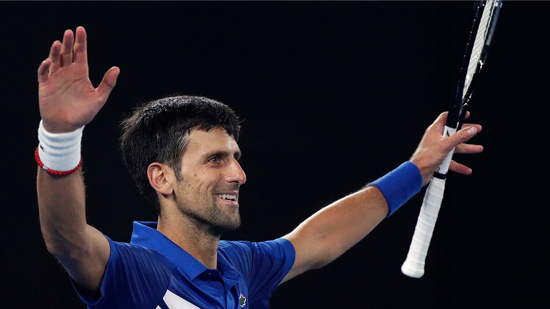 Serbia's Novak Djokovic celebrates after defeating Spain's Rafael Nadal in the men's singles final at the Australian Open tennis championships in Melbourne, Australia, Sunday, Jan. 27, 2019. (Associated Press)
