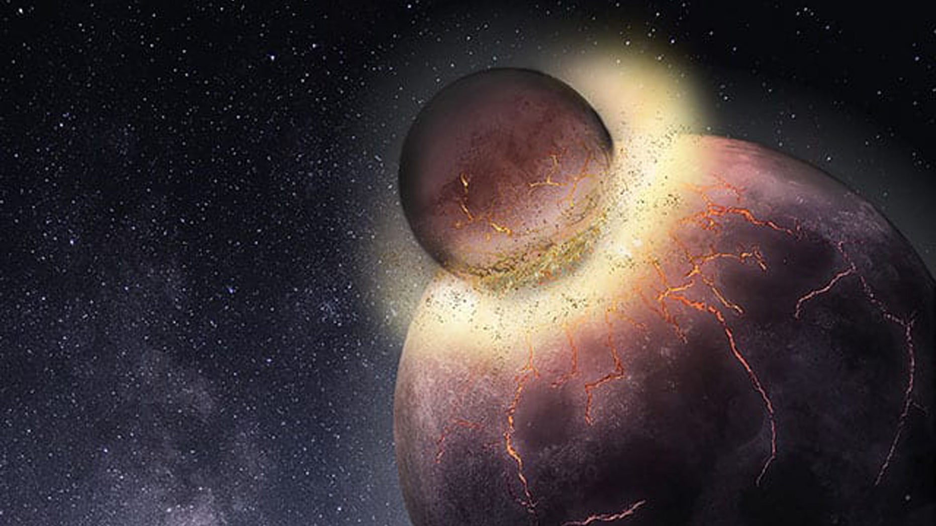 Rice University Petrologists have determined that Earth has probably received most of its carbon, nitrogen, and other vital volatiles from the planetary collision that created the Moon more than 4.4 billion years ago. (Credit: Rice University)