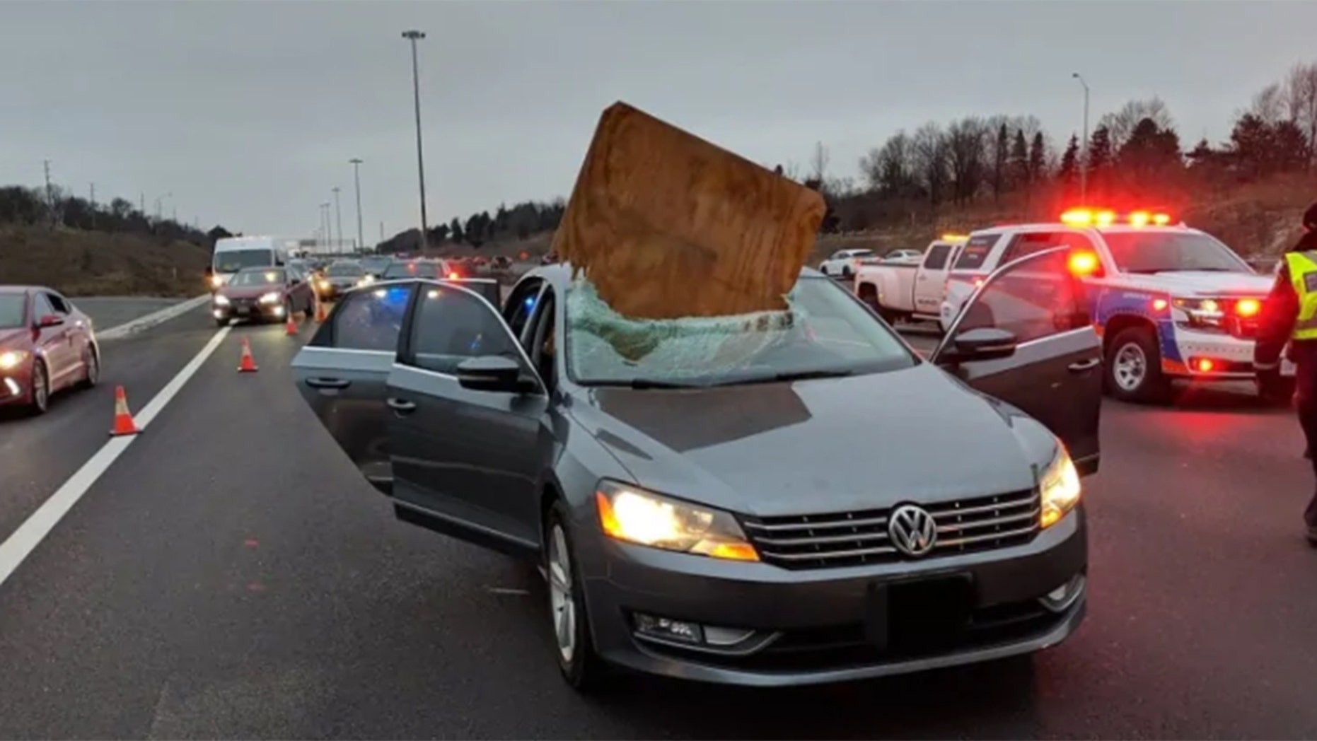Cutting it close: Car impaled by flying piece of plywood
