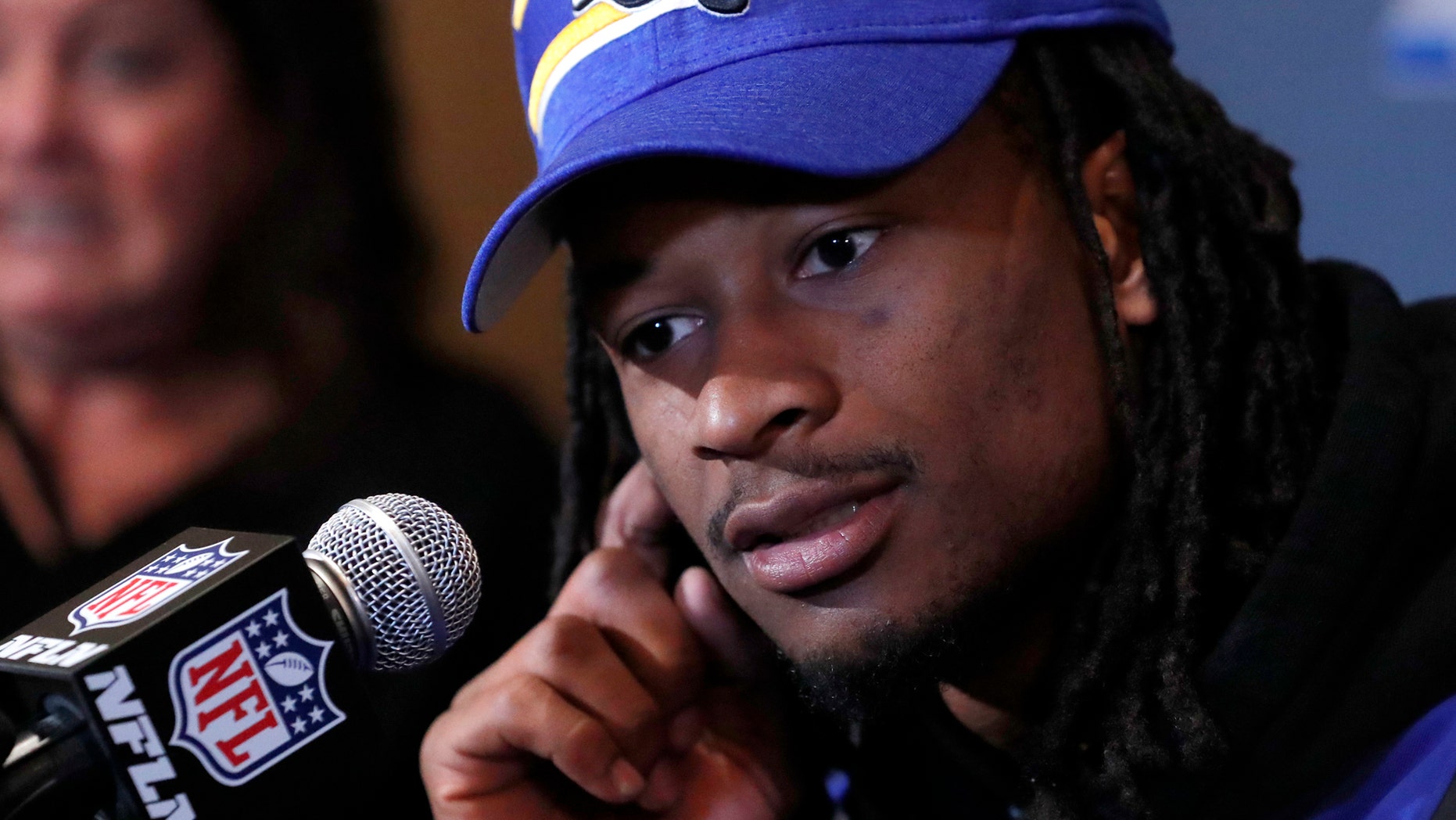 Los Angeles Rams running back Todd Gurley listens to question during a news conference Tuesday, Jan. 29, 2019, in Atlanta, ahead of the NFL Super Bowl 53 football game (AP Photo/John Bazemore)
