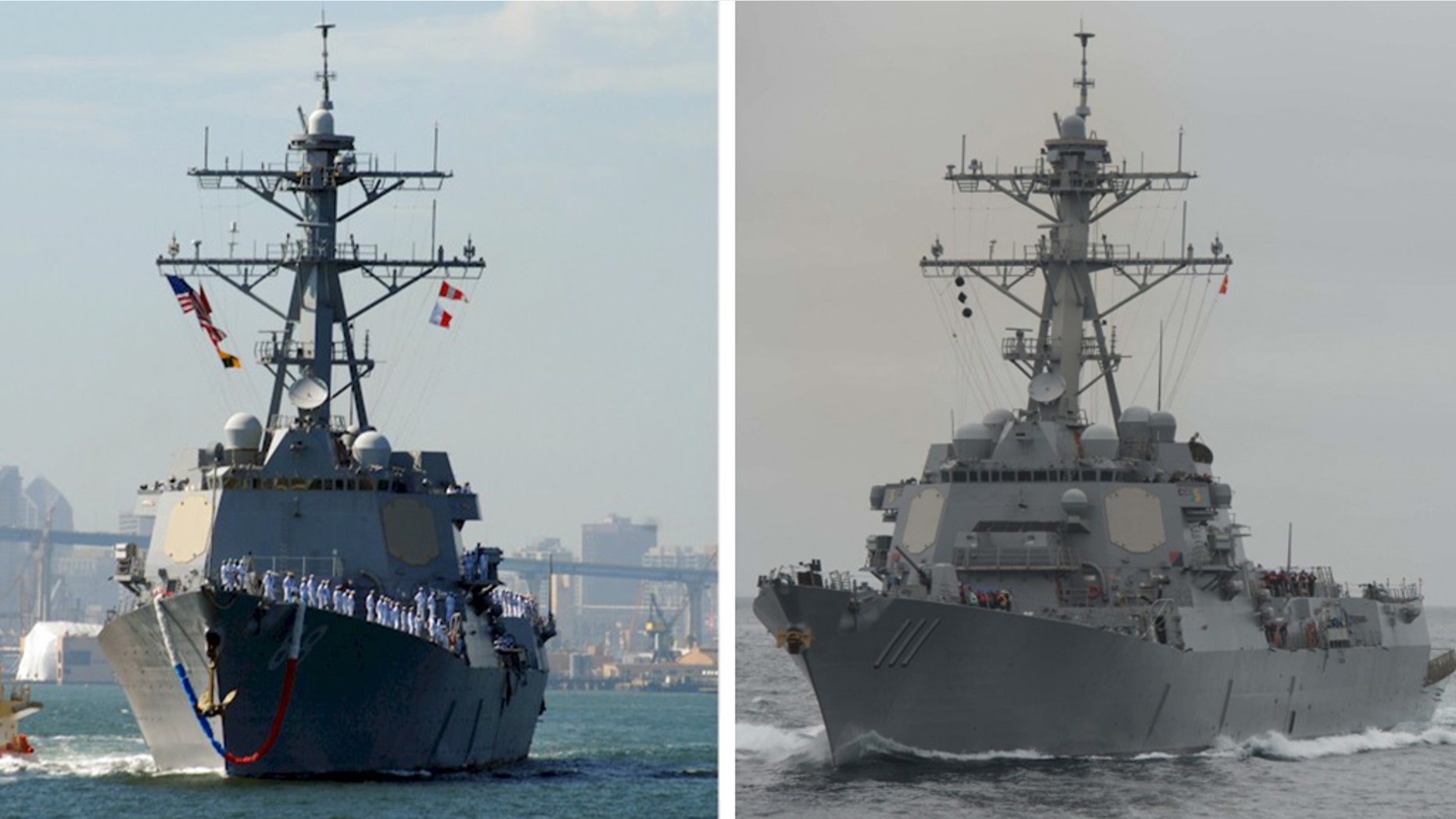 The Navy sent USS Preble, left and USS Spruance, right near the Chinese man-made island of Mischief Reef in the South China Sea, the location of several territorial conflicts that have increased the tension in the region. (Mass Communication Specialist Seaman Apprentice Joshua Leonard / US Navy Photo)