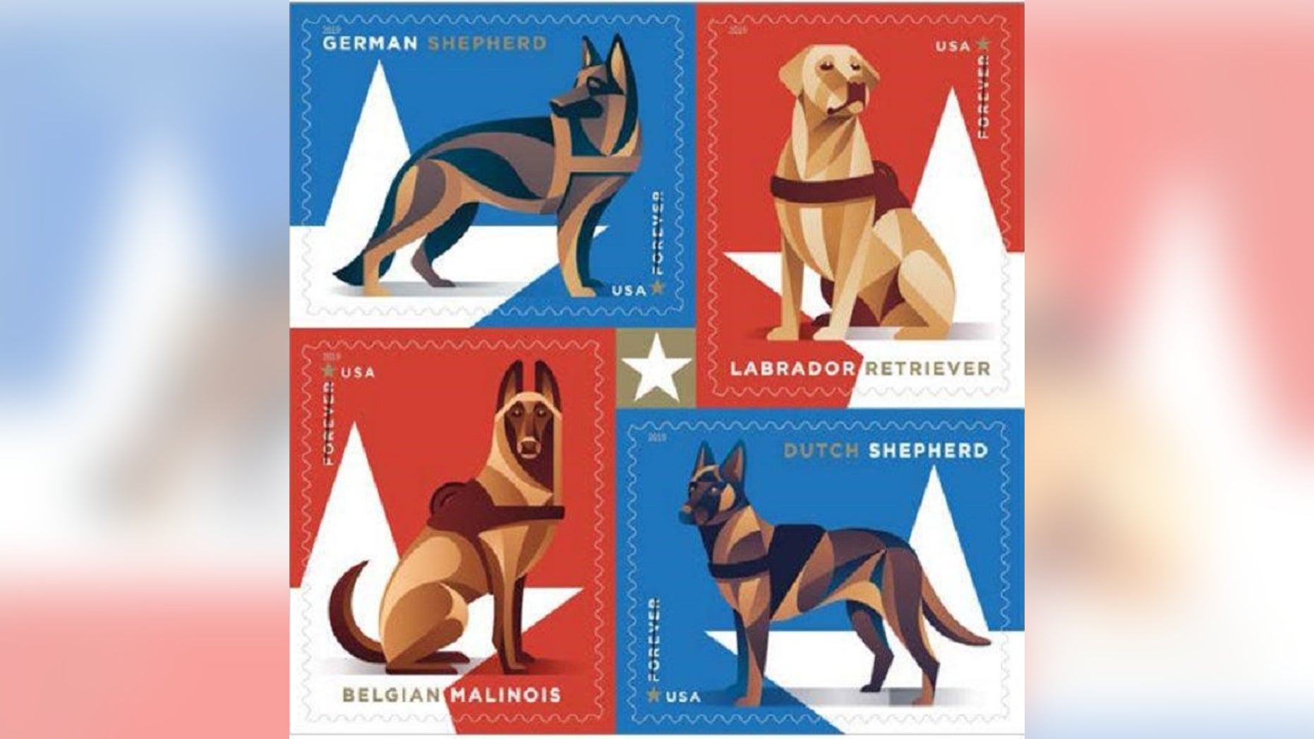 The U.S. Postal Service will issue booklets of 20 stamps to honor the military service dogs later this year. (U.S. Postal Service)