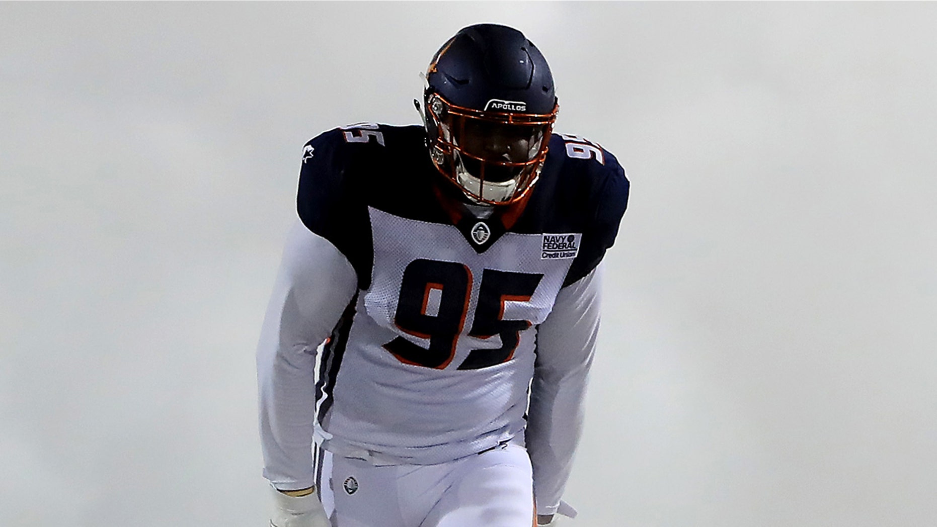 Ryan Davis Sr. #95 of Orlando Apollos enters the stadium prior to the Alliance of American Football game against the Atlanta Legends at Spectrum Stadium on February 09, 2019 in Orlando, Florida.